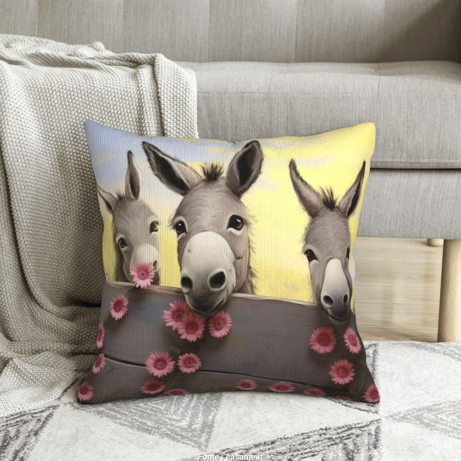 Housse de coussin âne 40x40 cm en velours côtelé imprimé fleurs