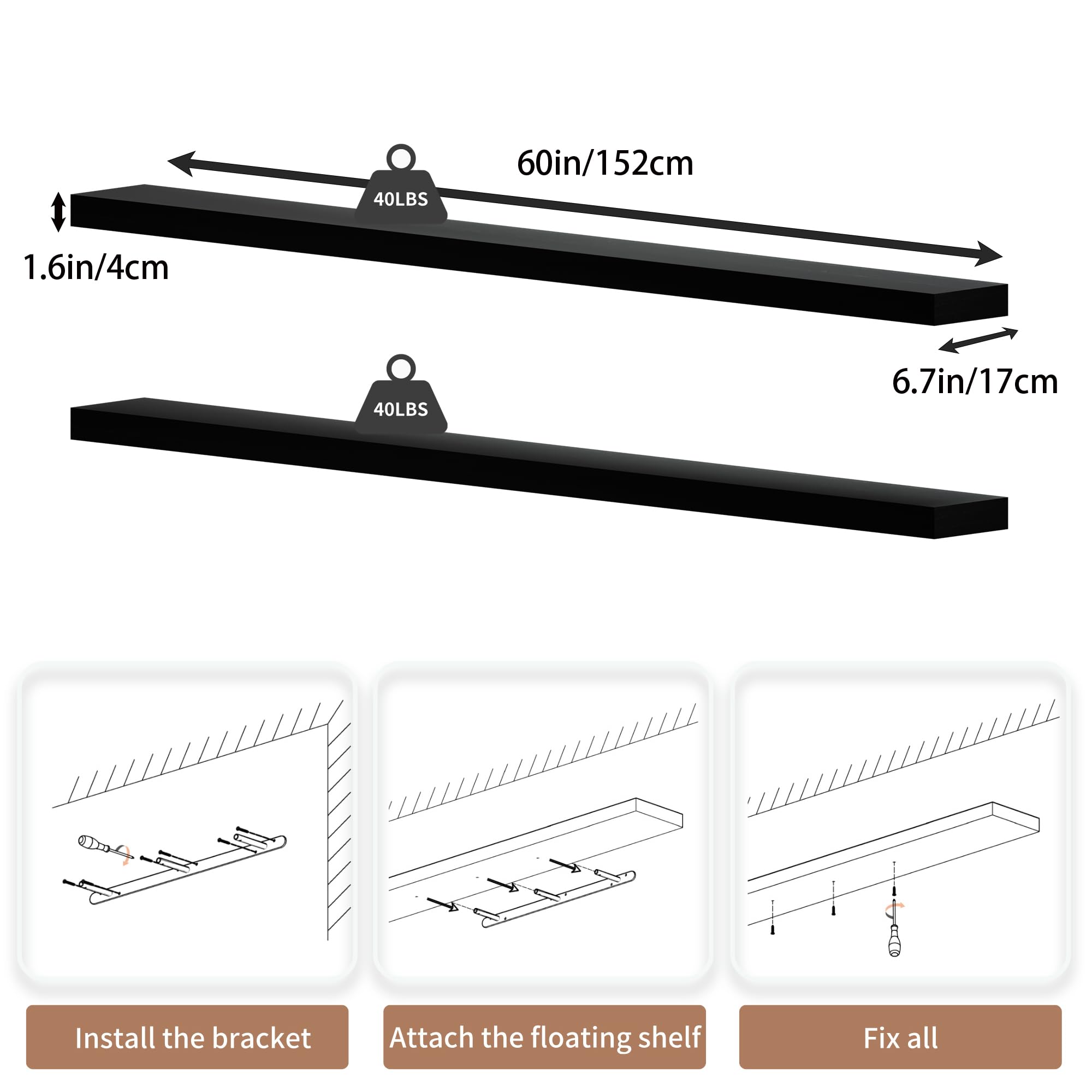 Estantes flotantes de 60 pulgadas de largo para pared, estantes largos de madera maciza, juego de 2, estantes rústicos montados en la pared con soportes invisibles para decoración y