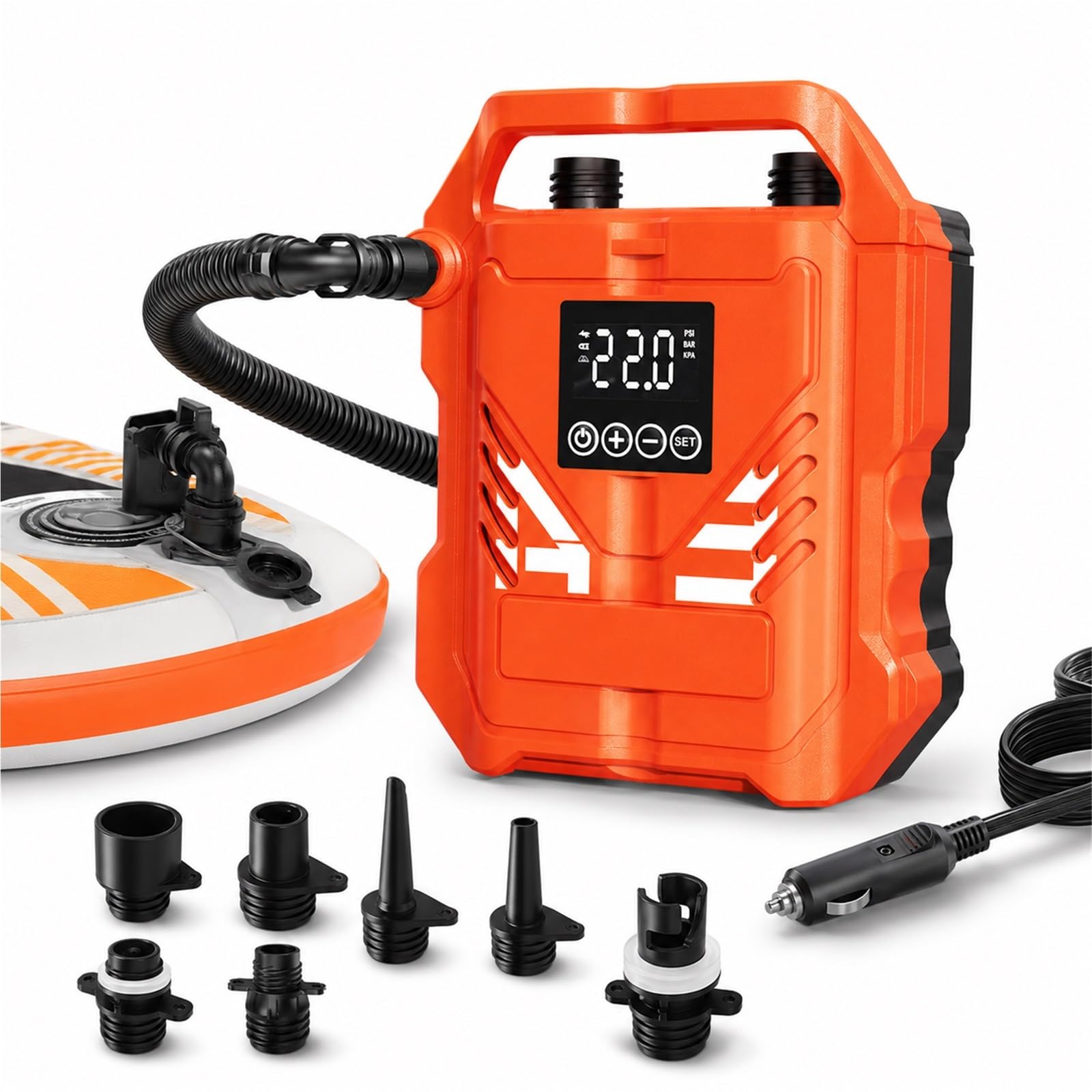Elektryczna pompka SUP 12V przenośna pompa do deski paddleboard 22PSI | Zasilanie samochodowe 12V, automatyczne wyłączanie, ekran LCD, 7 dysz, do desek SUP i materacy.