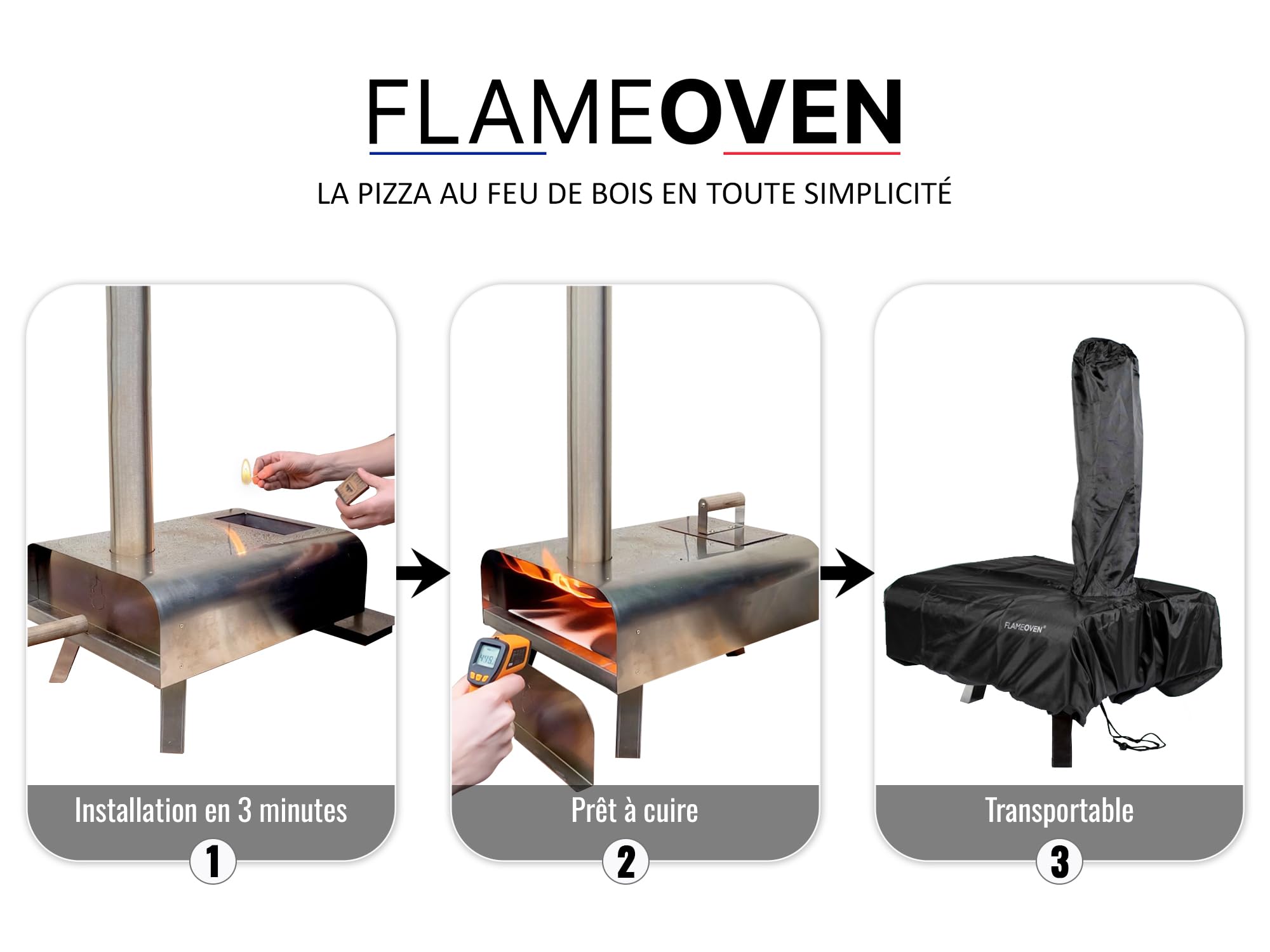 Four à Pizza Extérieur au Feu de Bois ● Conçu en France ● Acier Premium ● Surface de Cuisson XXL ● Flux d'Air Réglable ● Art Culinaire & Savoir-faire ● Housse et Pelle ● Pierre de Cuisson ● FLAMEOVEN