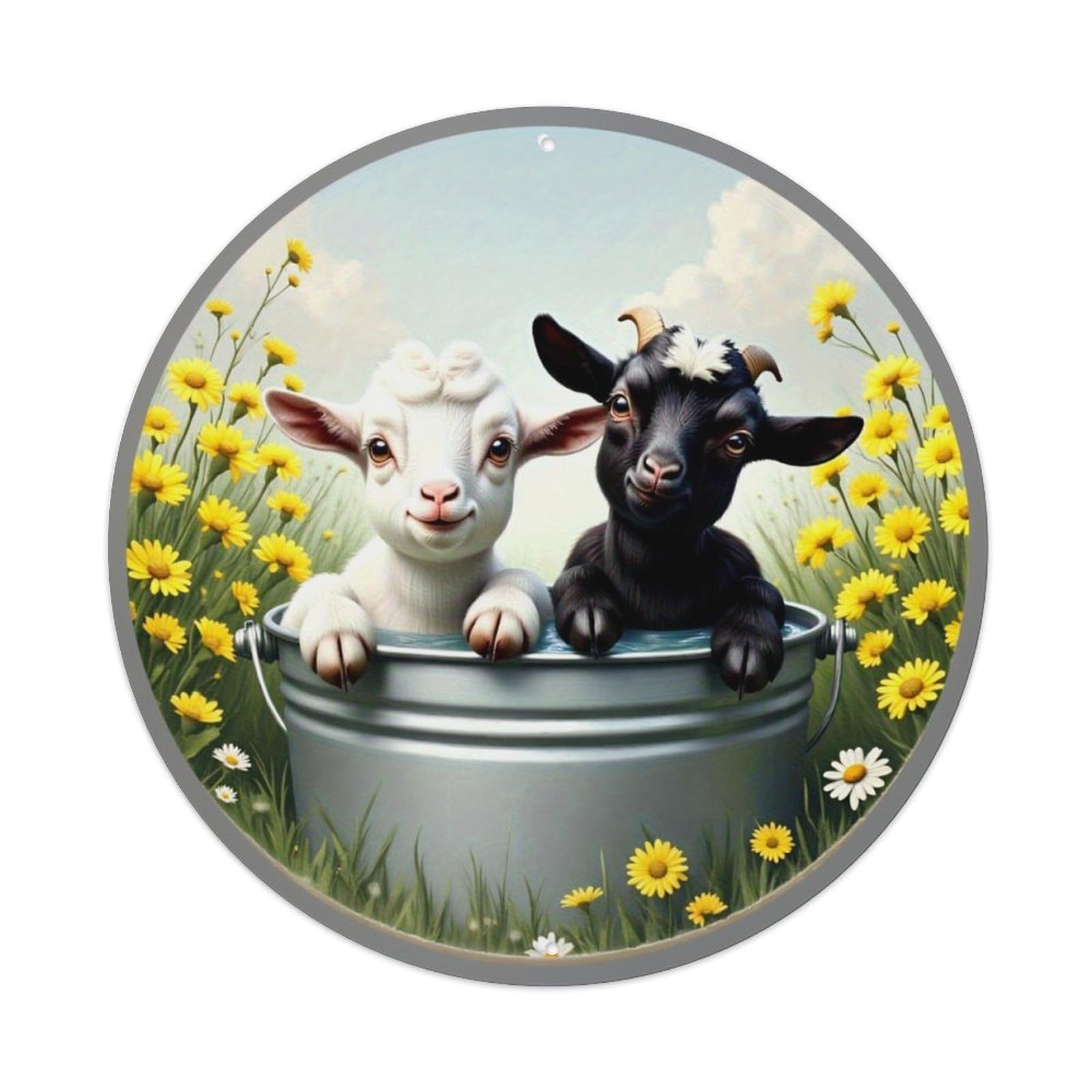 Goat And Lamb In Bucket Vintage Round Tin Sign Retro Metal Wall Decor Metal Poster, Home Bar Garage Cafe Wall Art Decoration 8x8Inches