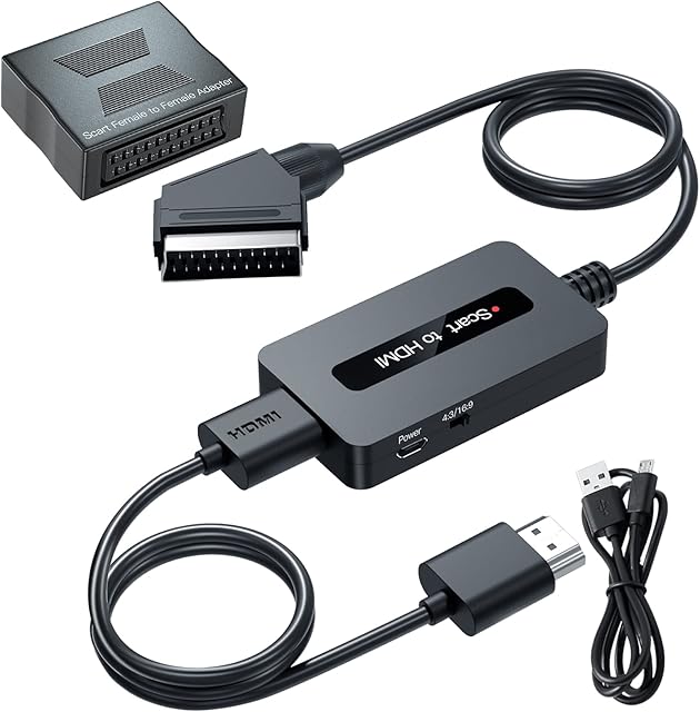 Scart to HDMI Converter with Scart Female to Female Adapter + Scart and HDMI Cables, Supports 4 : 3 and 16 : 9 HDMI Output Switch for N64/Wii/PS2/Xbox/Sky/DVD/STB, Scart In HDMI Out Converter