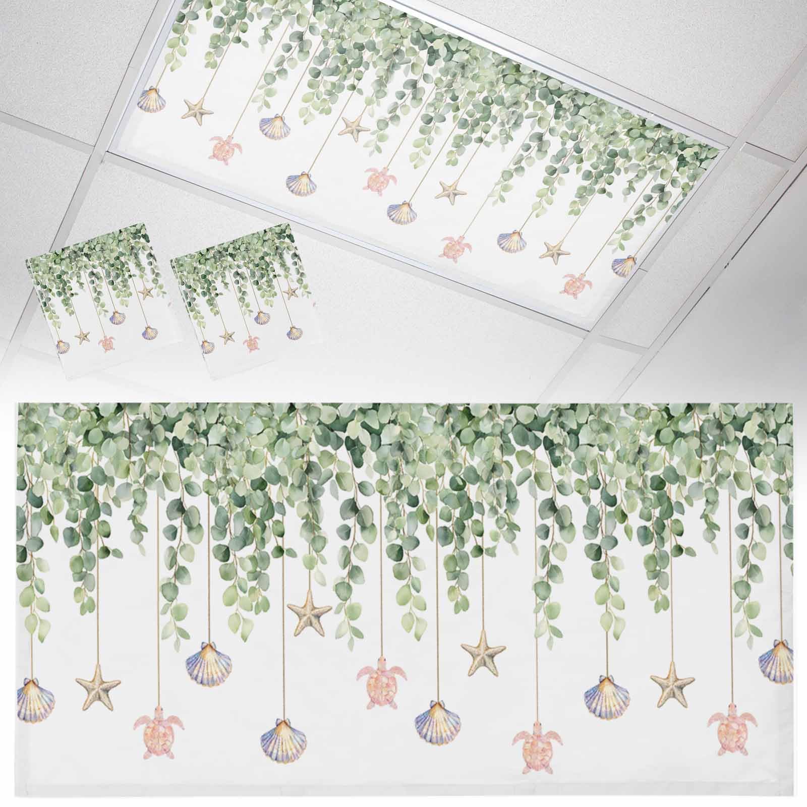 Wowouhiya 2 Pack Fluorescent Light Cover for Ceiling Lights, Eucalyptus Leaf Magnetic Classroom Light Filters 4x2 Feet, Coastal Beach Starfish Nautical Ocean Decorative Ceiling Shade Panel for Office