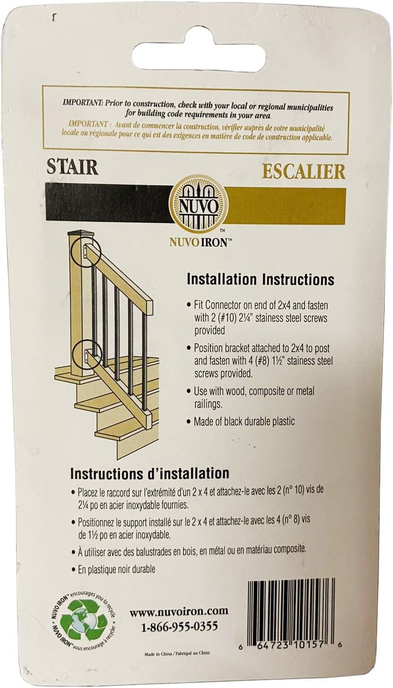 Nuvo Iron Stair Rail Connectors for Standard 2x4 Rail – Plastic Black – SRC (4 Pcs per Pack)