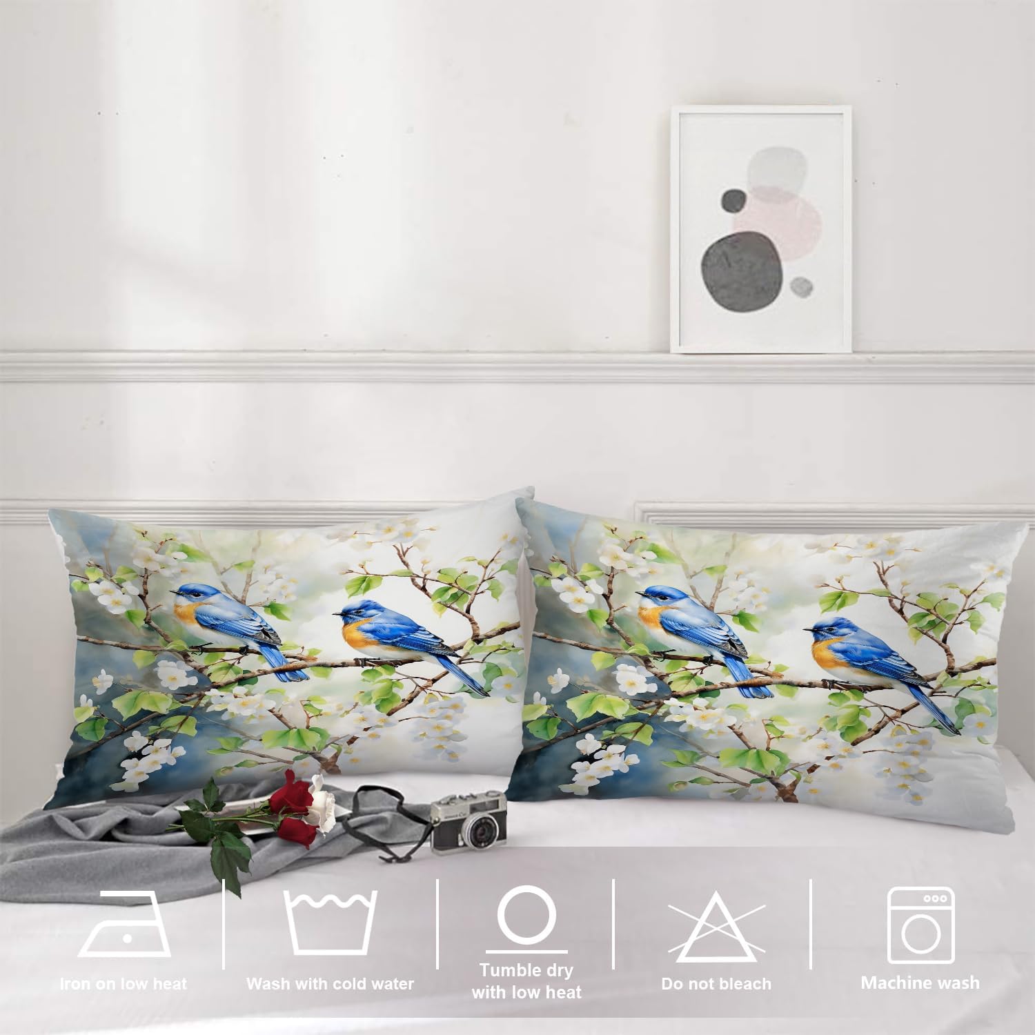 Shrahala Two Blue Birds On Branches Pillowcases, Watercolor Painting Lumbar Pillow Cover Decorative Blended Double-Sided No Inserts for Bedroom Sofa Living Room Set of 2 (26 x 20 in)