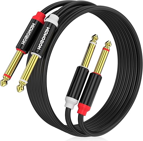HOSONGIN Cable de inserción de interconexión estéreo TS dual de 14 de pulgada a doble TS de 14 de pulgada, cubierta de PVC, enchufe chapado en oro,