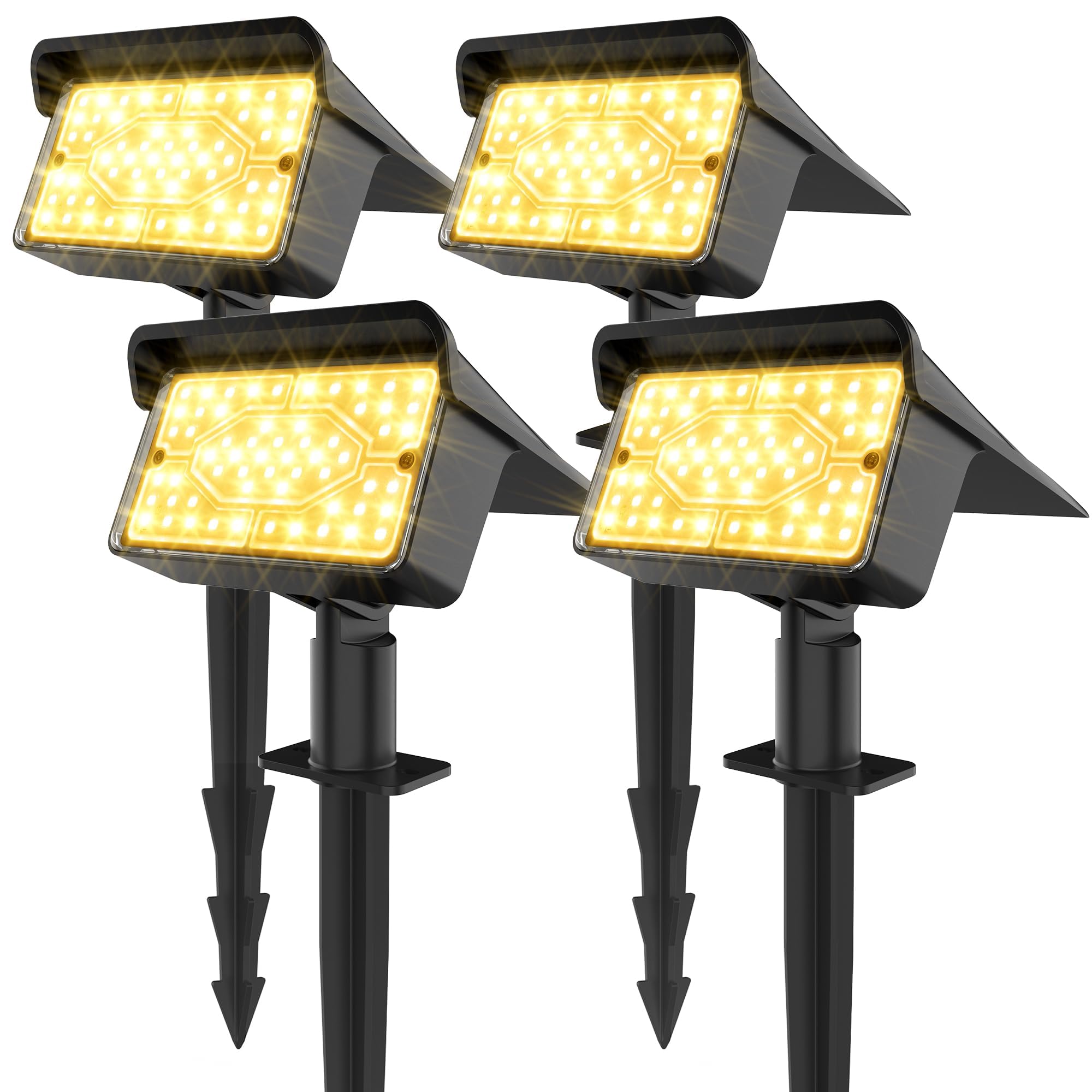 Ollny Lot de 4 Spots Solaires Extérieur 60 LEDs, 3000K Blanc Chaud, IP65 Étanche, 3 Modes, Crépuscule à Aube, Lampes Solaires Jardin, Éclairage Extérieur Solaire