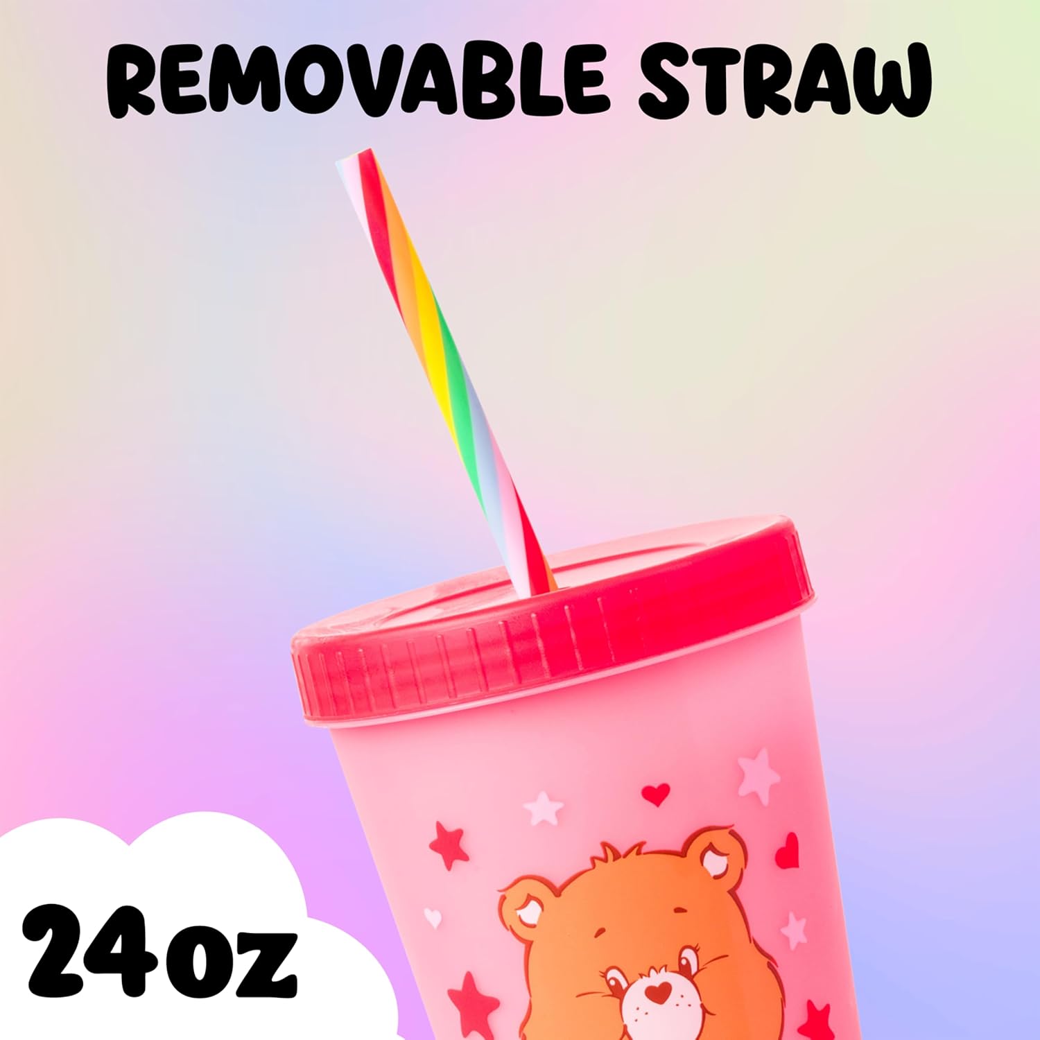 Silver Buffalo Care Bears Hearts and Stars 4 Pack Plastic Color Changing Tumblers with Rainbow Swirl Straws Featuring Tenderheart, Funshine, Cheer, and Grumpy Bear 24 Ounces - Image 3