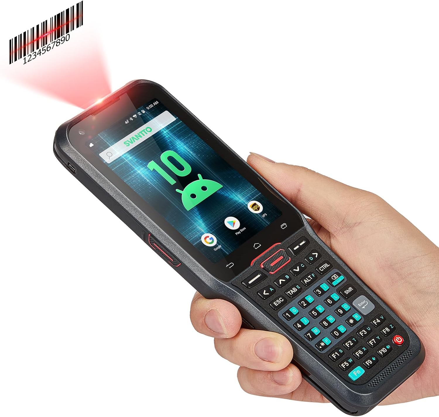 SVANTTO Android Barcode Scanner held in hand, showing its screen and numeric keyboard.