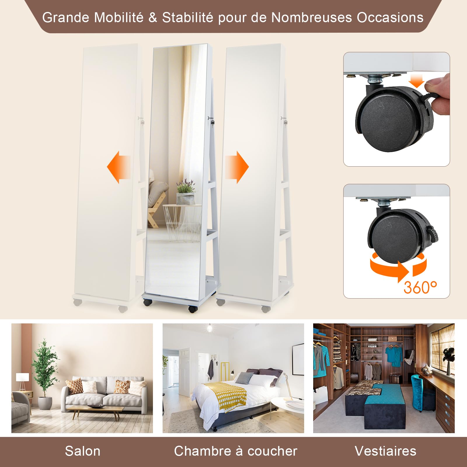 GOPLUS Armoire à Bijoux avec Miroir, Organisateur de Bijoux avec Lumières LED 3 Couleurs, Serrure, Miroir de Courtoisie Intégré, Anti-Basculement, 4 en 1 Armoire à Bijoux sur Pied avec Roues (Blanc)