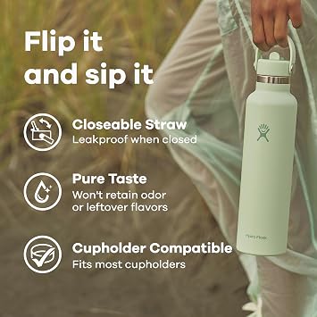 Hydro Flask Water Bottle - Insulated Stainless Steel - Straw Lid, Non Spill, Leakproof 24 Oz Black
