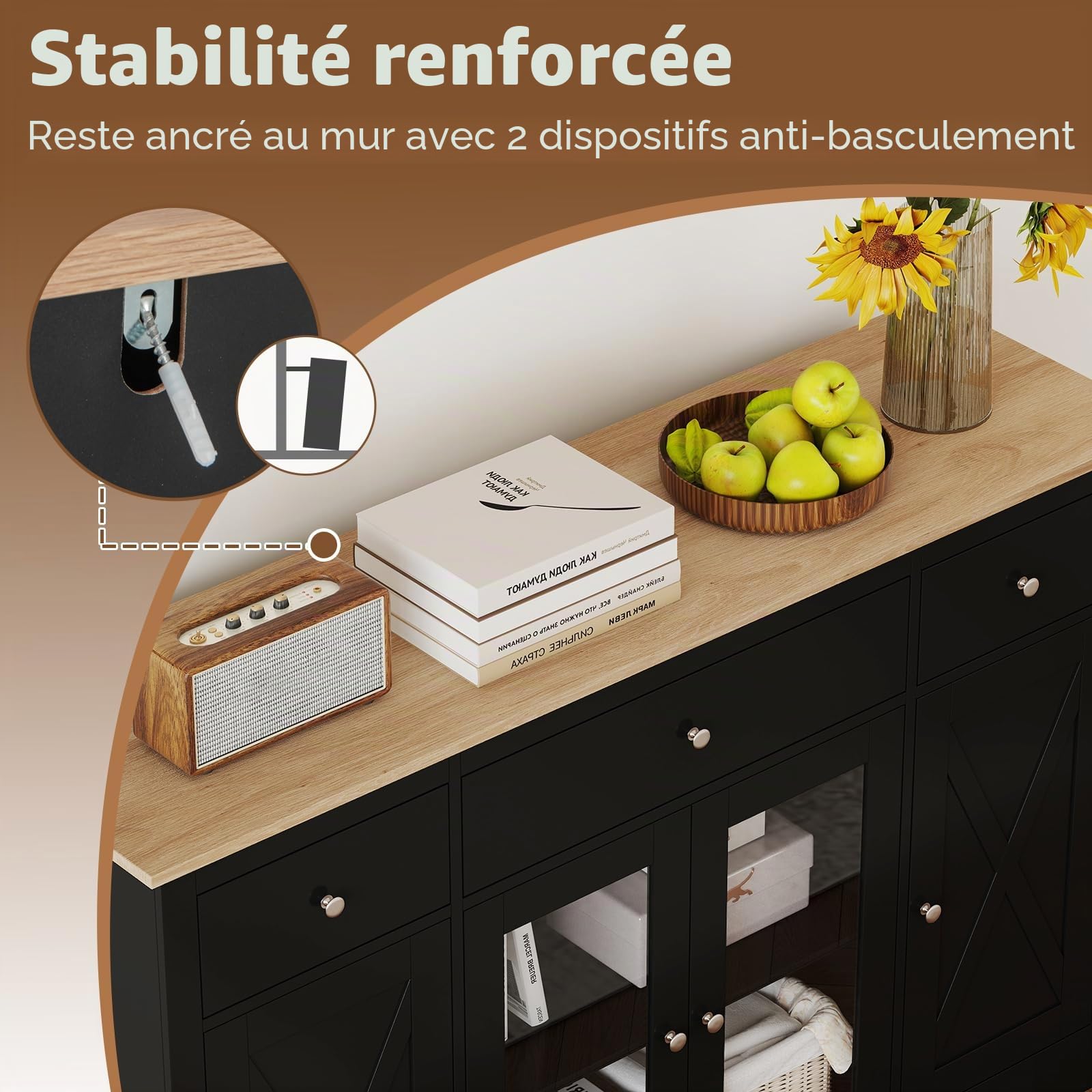 GIANTEX Buffet Salle a Manger avec Tiroirs, Buffet Cuisine avec Plateau Large, 2 Portes Transparente, Étagères Réglables, Meuble de Rangement pour Salle à Manger, Salon, 140 x 40 x 90 cm, Noir