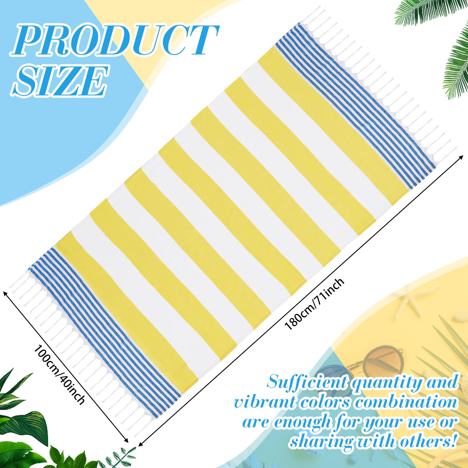Oudain Türkische Strandtücher, Baumwolle, schnell trocknend, 180 x 101 cm, leicht, sandfrei, Pool-Handtuch mit Quaste, gestreift, für Dusche, Fitnessstudio, Yoga, 10 Stück (Gelb, Blau, Weiß)