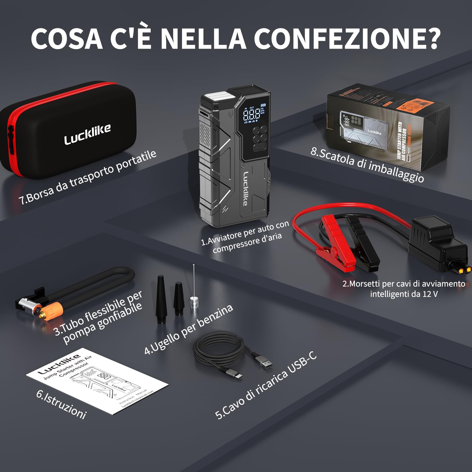 Lucklike Avviatore Batteria Auto con Compressore 150 PSI, 21800mAh Avviatore Batteria Macchina, 12V Avviatore Emergenza per Auto (ALL Gas 12,0L Diesel) Emergenza Jump Starter con LED Torcia, USB, LCD