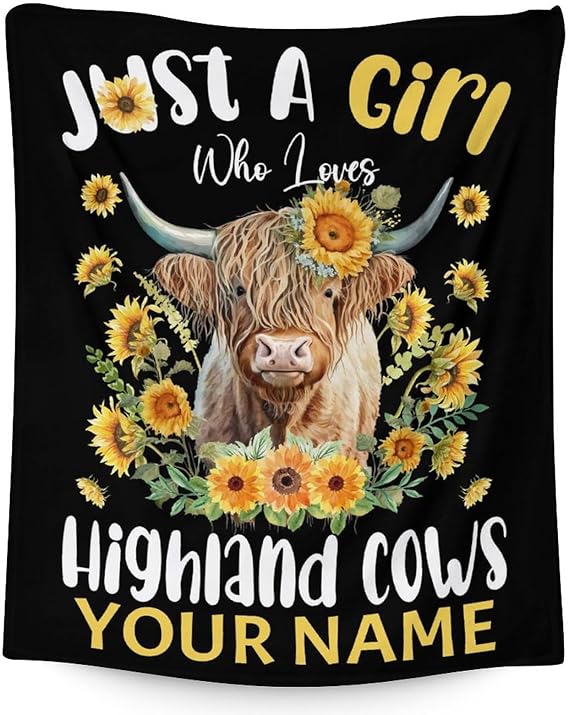 Personalized Highland Cow Blanket Gifts with Name - 40x50 Inches Cute Throw Blanket for Girls - Black Soft Fuzzy Blankets for Bed, Couch & Living Room