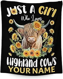 Personalized Highland Cow Blanket Gifts with Name - 40x50 Inches Cute Throw Blanket for Girls - Black Soft Fuzzy Blankets for Bed, Couch & Living Room