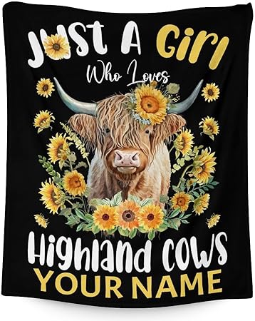 Personalized Highland Cow Blanket Gifts with Name - 40x50 Inches Cute Throw Blanket for Girls - Black Soft Fuzzy Blankets for Bed, Couch & Living Room