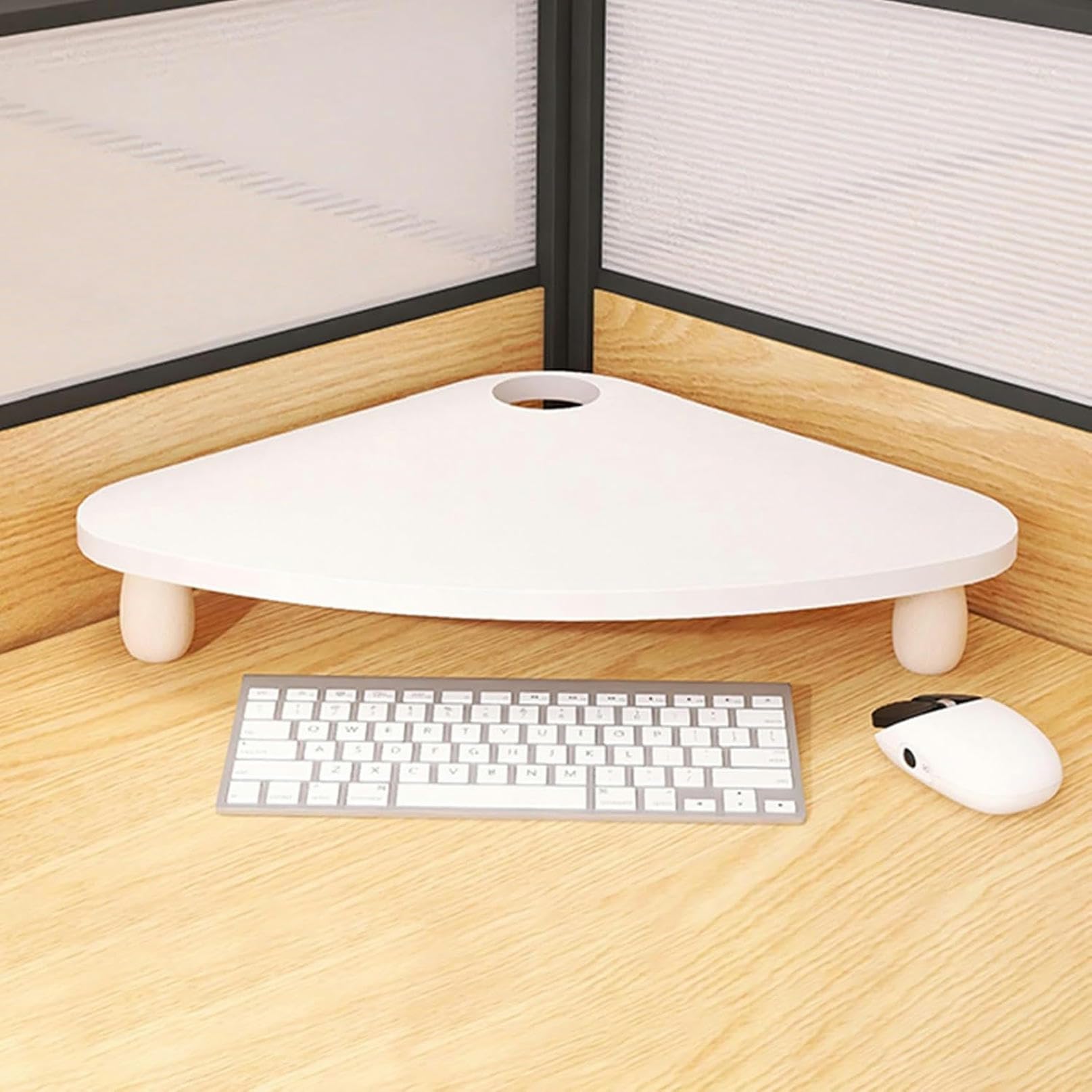 CGJseFH computer stand, Triangle Monitor Stand Riser for Desktop, Wooden Corner Screen Holder, Office Computer Organizer with Wire Combing Hole,White(White)
