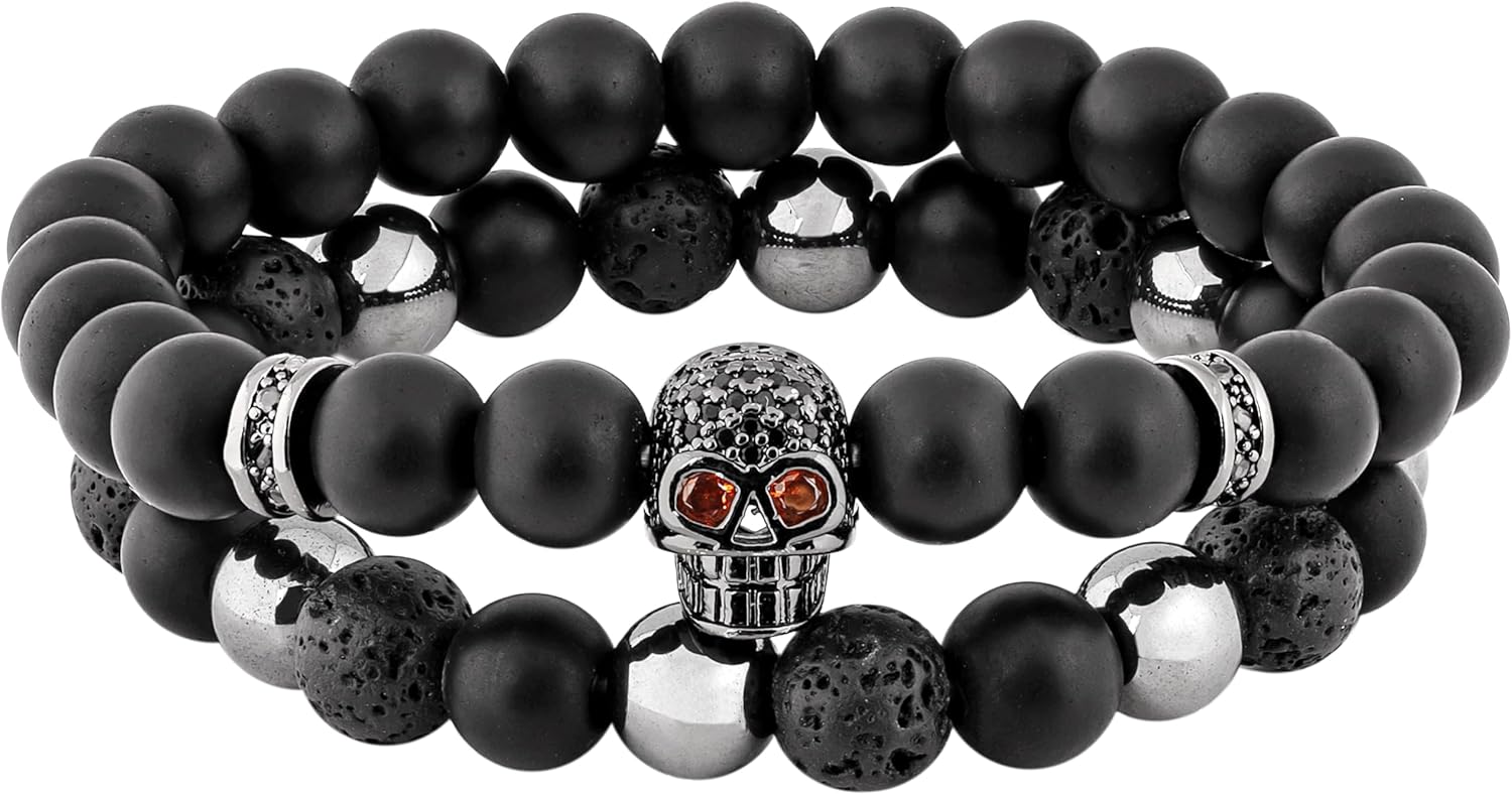 Sacina Gothic Black Beaded Skull Bracelets, Emo Punk Grunge Bracelet, Goth Jewelry, Halloween Christmas Jewelry Gift for Women