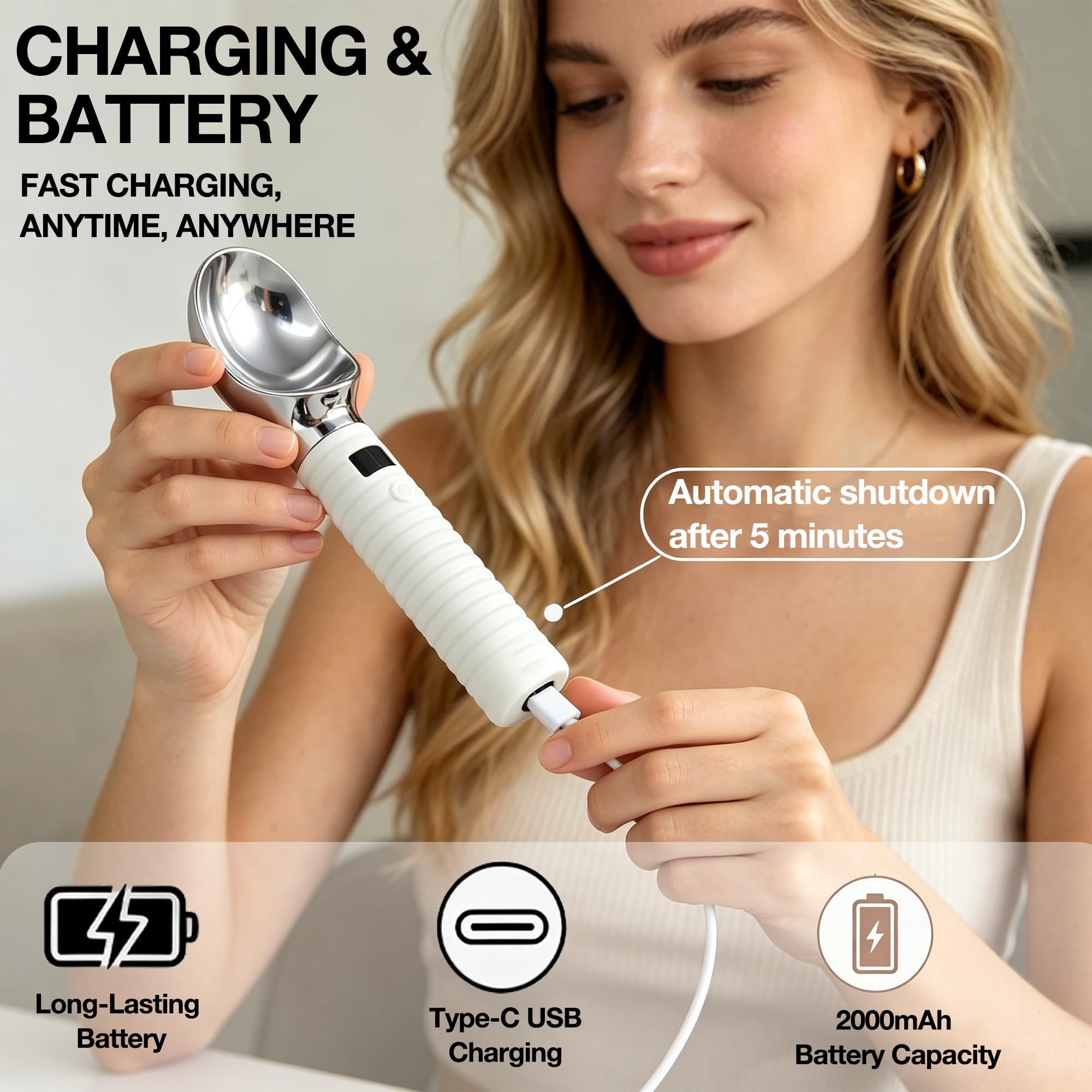 Beheizter Eisportionierer, Eiskugelzange mit 2 Temperaturstufen und LED-Anzeige, IP67 wasserdicht, ergonomische Smart-Touch-Steuerung für Gelato, Sorbet und Frozen Yogurt