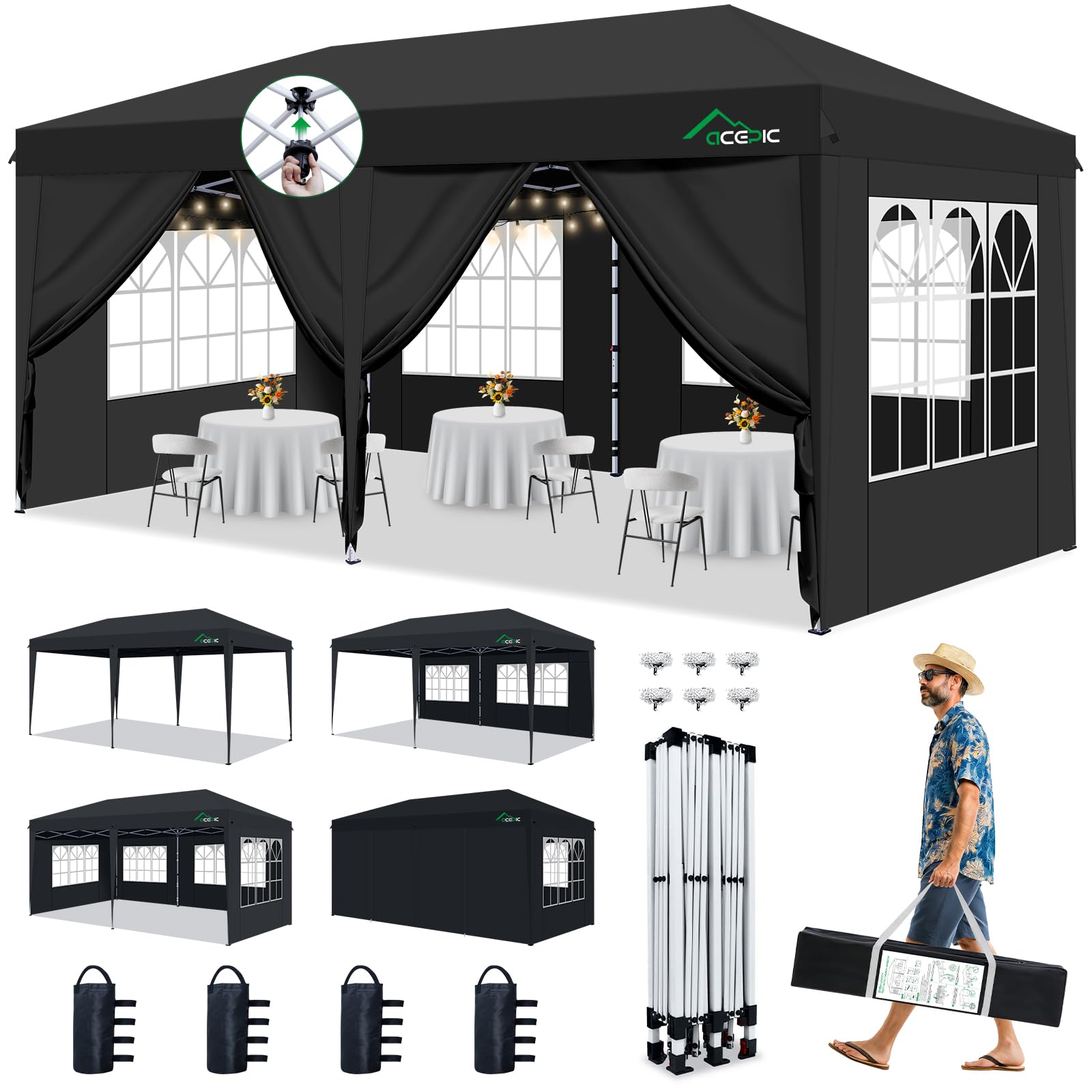 Acepic One-Touch Pop Up Pavillon 3x6 Wasserdicht Stabil Winterfest (Weiß) | mit 6 abnehmbaren Seitenwänden, UV 50+, Partyzelt für Garten Party Hochzeiten mit Kirchenfenstern