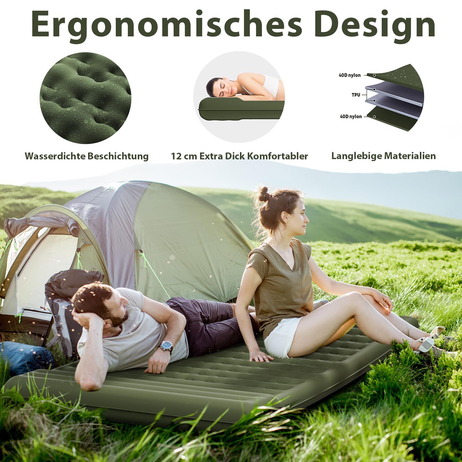 Isomatte Feldbett 12-15CM Extra Dicke verstärkte Stützstruktur mit Integrierter Fußpumpe und Kissen luftmatratze Camping Matratze Aufblasbare für Zelt, Wandern und Reisen