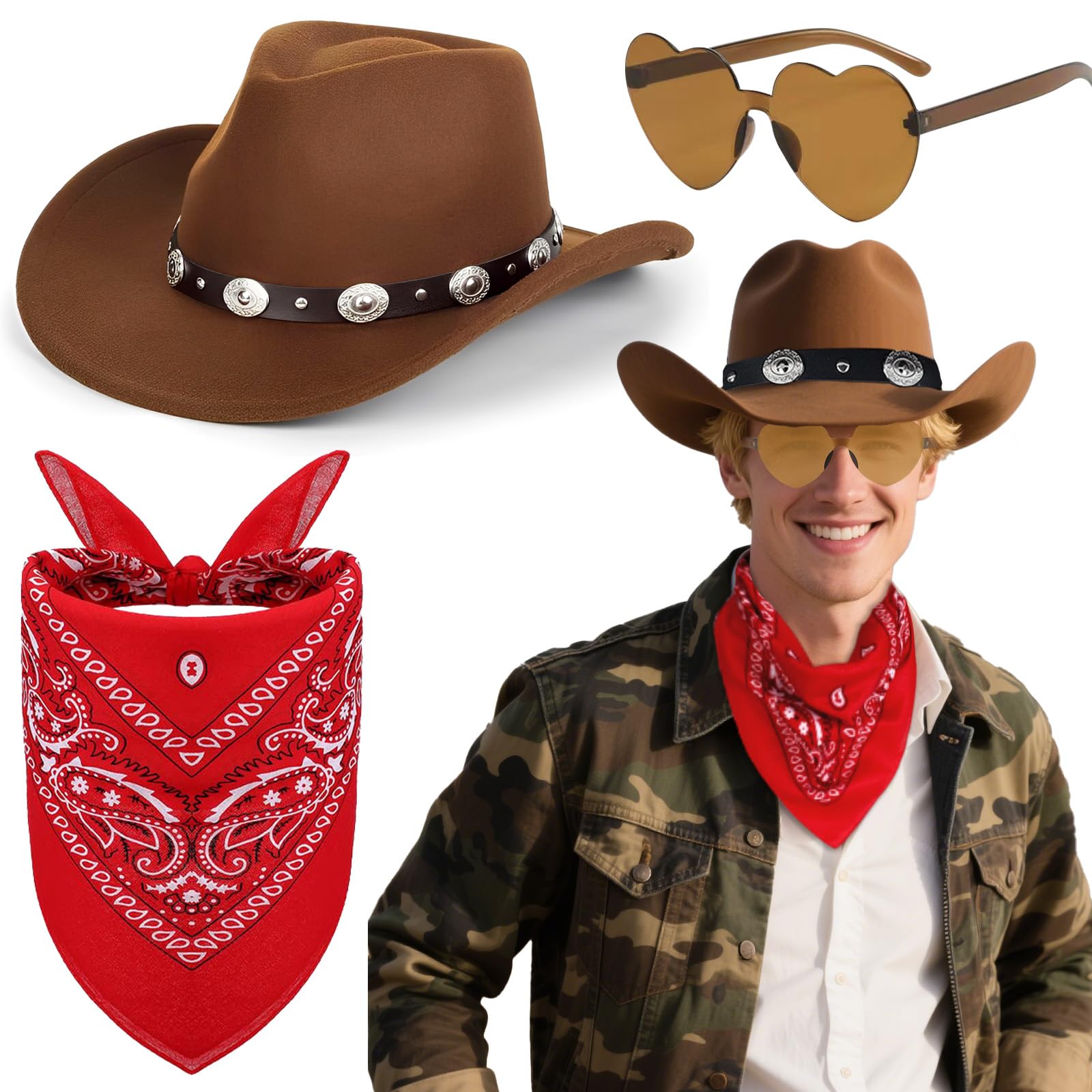 3Pcs Western Cowboy Hat Set, Unisex Cowboy Fancy Dress Kit with Wide Brim Hat Paisley Bandanna Heart Shape Sunglasses for Adult Masquerade Halloween Parties