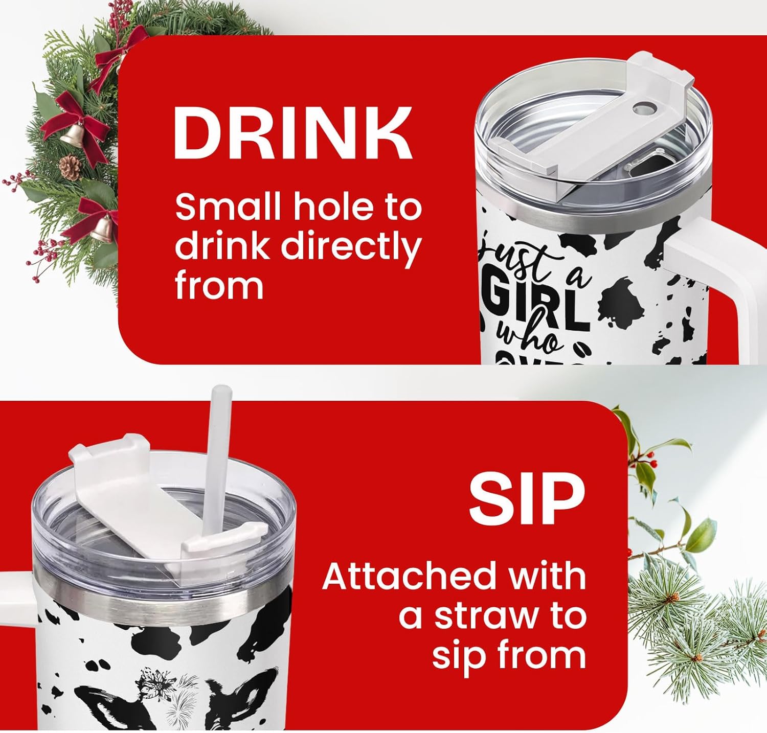 34HD Cow Print Tumbler 40oz with Handle and Straw, Just A Girl Who Loves Cows Vacuum Insulated Travel Coffee Mug, Heifer Gifts for Girls & Women on Birthday and Mother's Day - Image 3