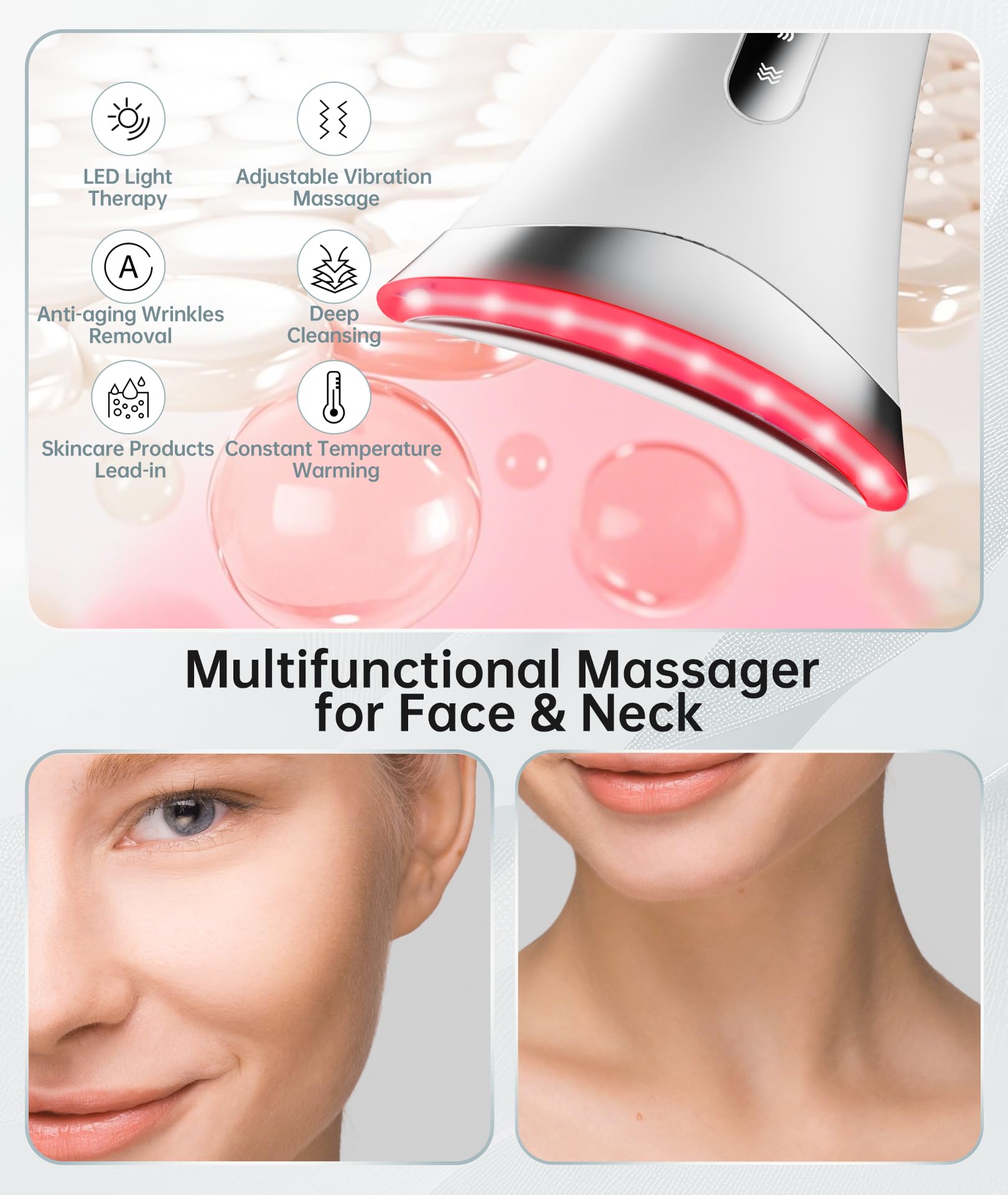 Dopsikn Rotlichttherapie für Gesicht und Hals, 7 Farben, Gesichtsmassagegerät mit einstellbarer Vibration und Thermik für Falten, Doppelkinn, tragbares Hautpflegewerkzeug mit Basis, Weiß