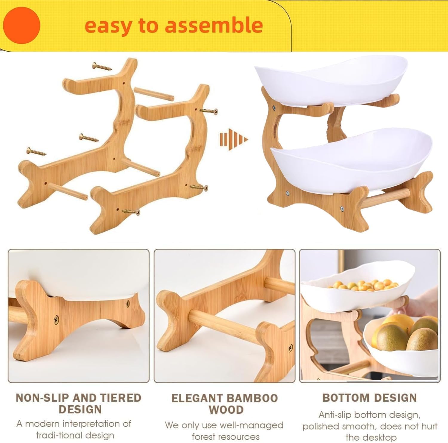Frutta Alzatina 2 ripiani Frutta Ciotol - Cestino Portafrutta in Plastica Resistente con Supporto in Bambù, Fruttiera a 2 Livelli, Vassoio per Frutta, Verdura, Snack, Caramelle e Organizzazione Cucina