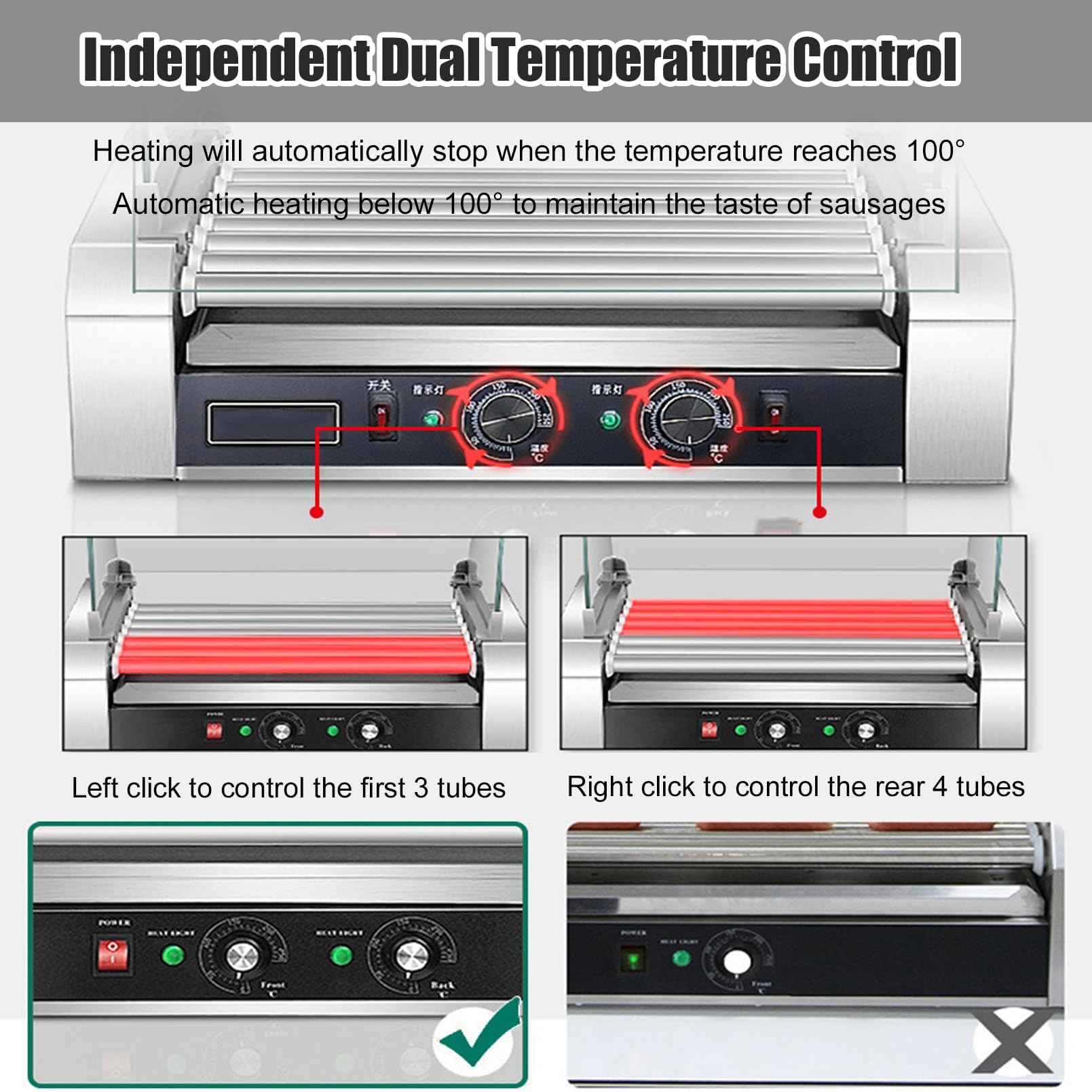 Rouleau Hot Dog 1100 W avec capacité de 33 hot-dogs, 11 rouleaux pour une cuisson uniforme, construction en acier inoxydable 304, lumière LED, double contrôle de la température pour un usage