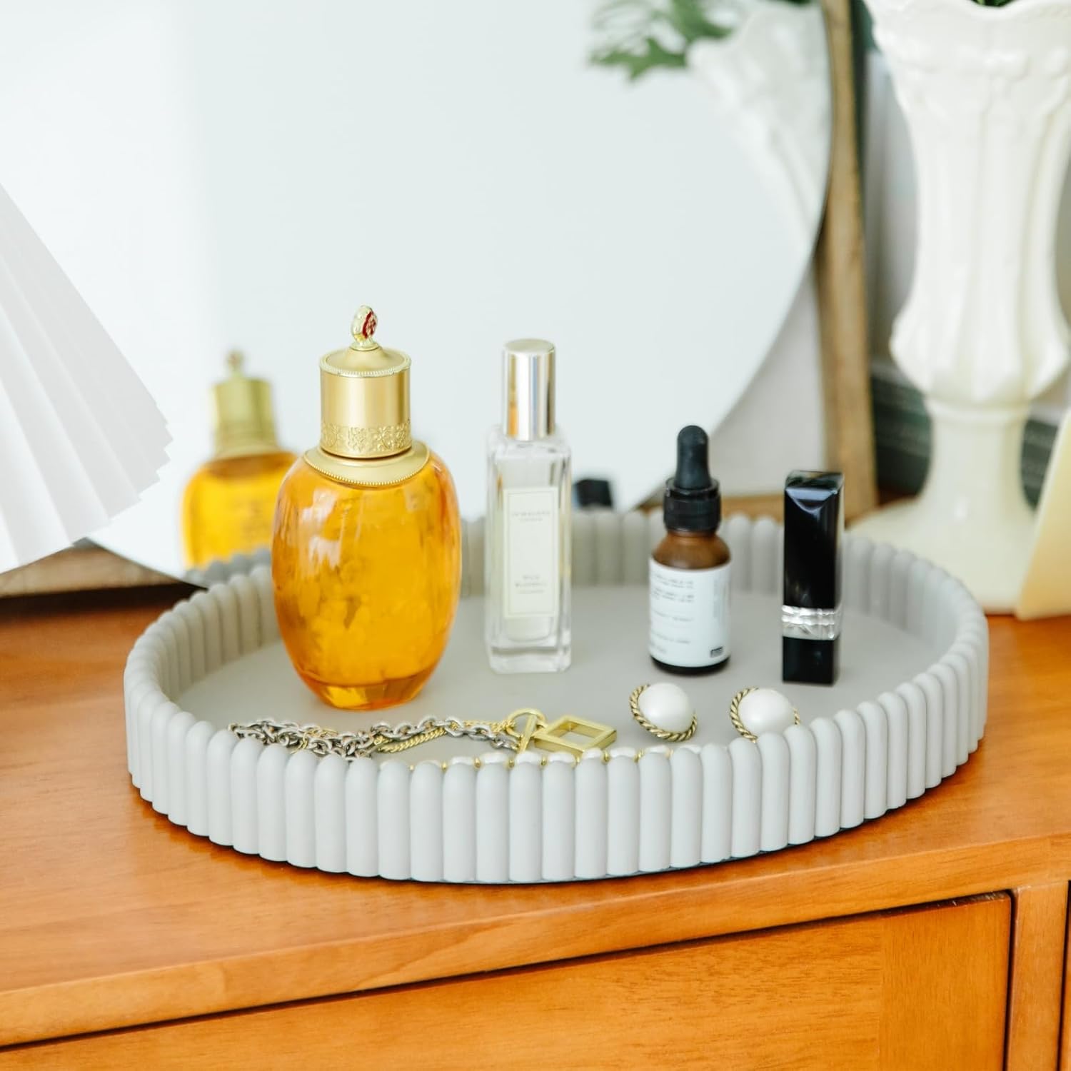 11.8in Decorative Tray for Coffee Table Decor- Gray Oval Concrete Tray for Home Decor- Scalloped Flat Modern Centerpieces Tray Decor for Living Room, Kitchen Dining Table, Entryway (Gray) - Image 7