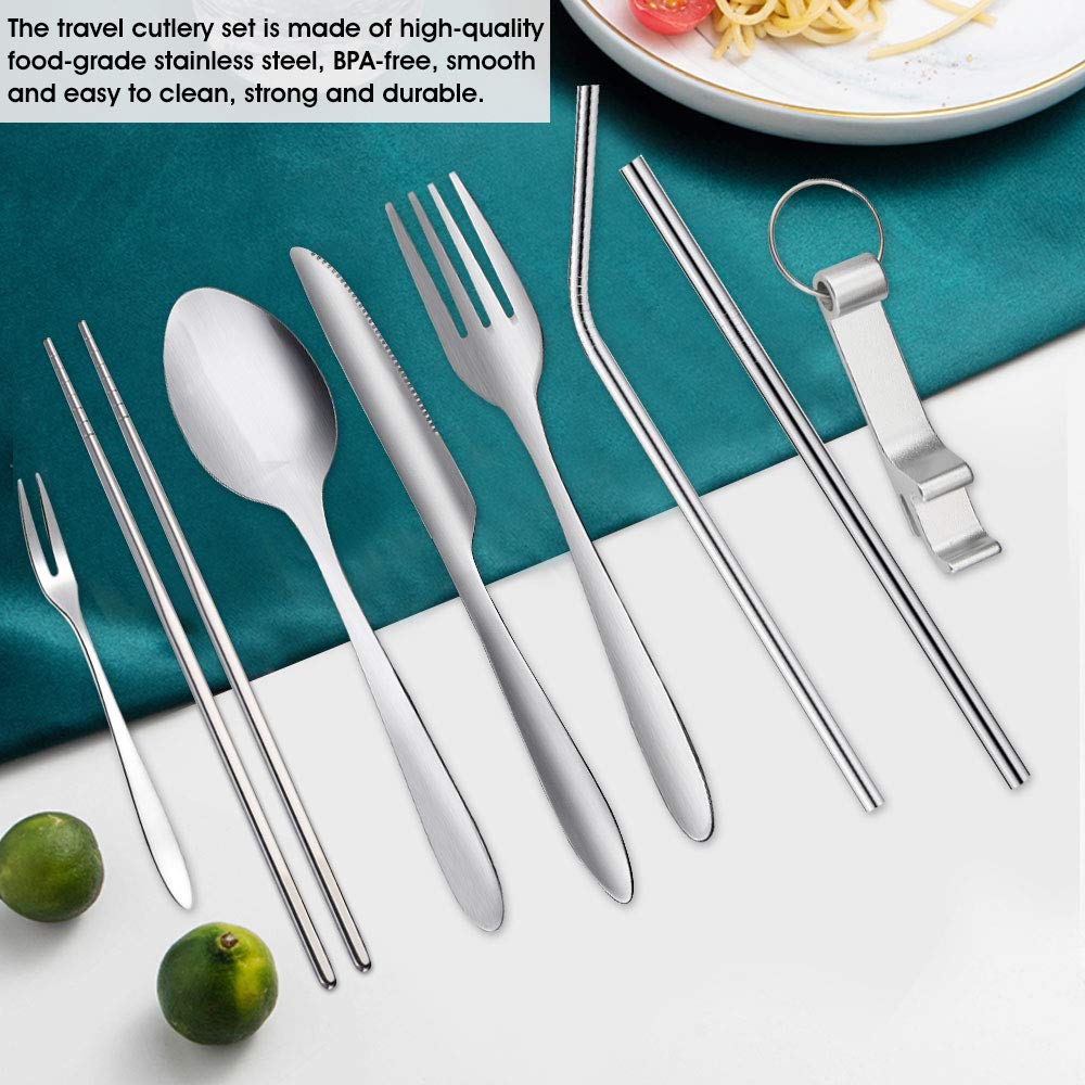 Set De Couverts Camping ZKSM - 5 Pièces Inox + Sac Néoprène - Pour Pique-Nique, Bureau, Voyage - Facile à Nettoyer