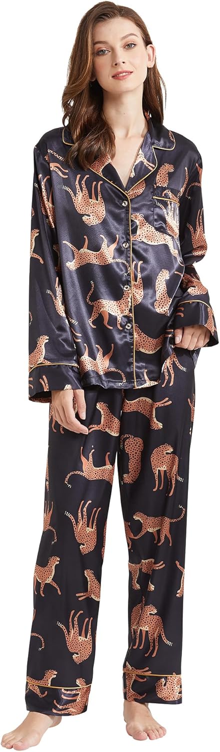 Women’s Silk Satin Classic Long Sleeve Pajamas Button Down Silky 2 Pcs Pattern Set Loungewear Sleepwear - Image 2
