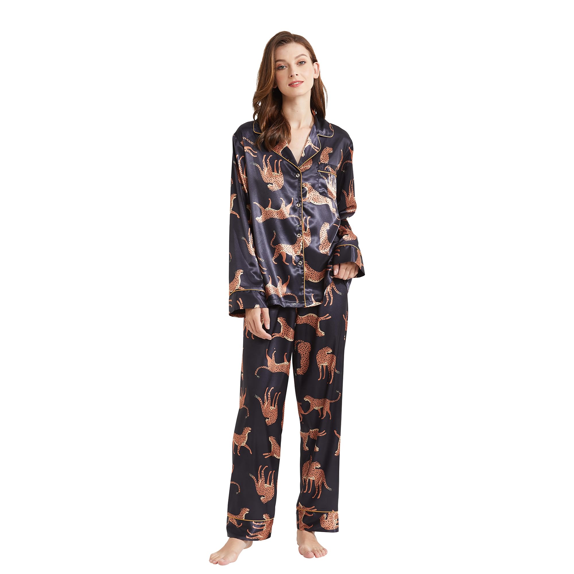 Pijama clásico de satén de seda para mujer, manga larga, con botones, sedoso, 2 piezas, ropa de dormir