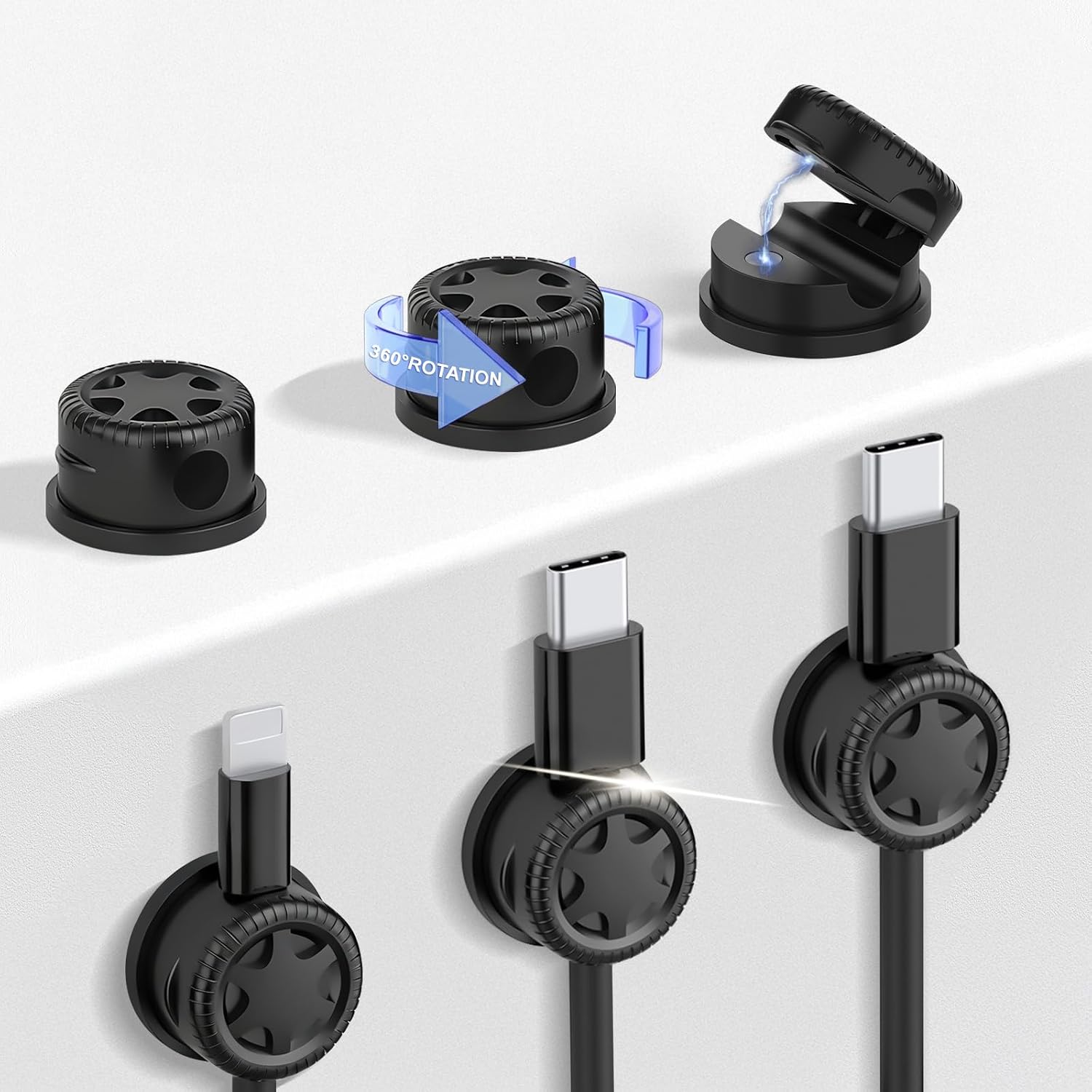6Pack Cord Organizer Magnetic Cable Clips, 360° Rotation Cable Clips - Adjustable Cord Holder for Nightstand, Adhesive Cable Management Cord Clips, Cable Holder & Charger Organizer(Black