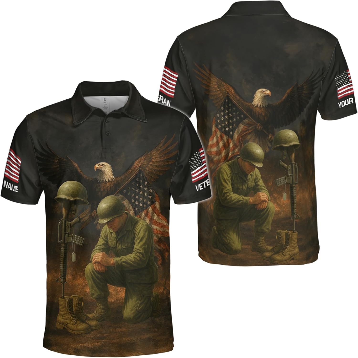 ThuhaTree Store Personalized US Flag Veteran Men & Women Polo Shirt S-5XL – Custom Name Graphic US Flag Veteran Shirt
