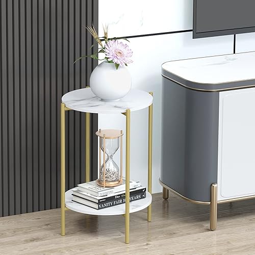 Miniatura 7 de Wisfor Mesa auxiliar de piedra sinterizada mesa auxiliar redonda blanca de 2 niveles - Mesa de centro pequeña con marco dorado - Moderna mesita de