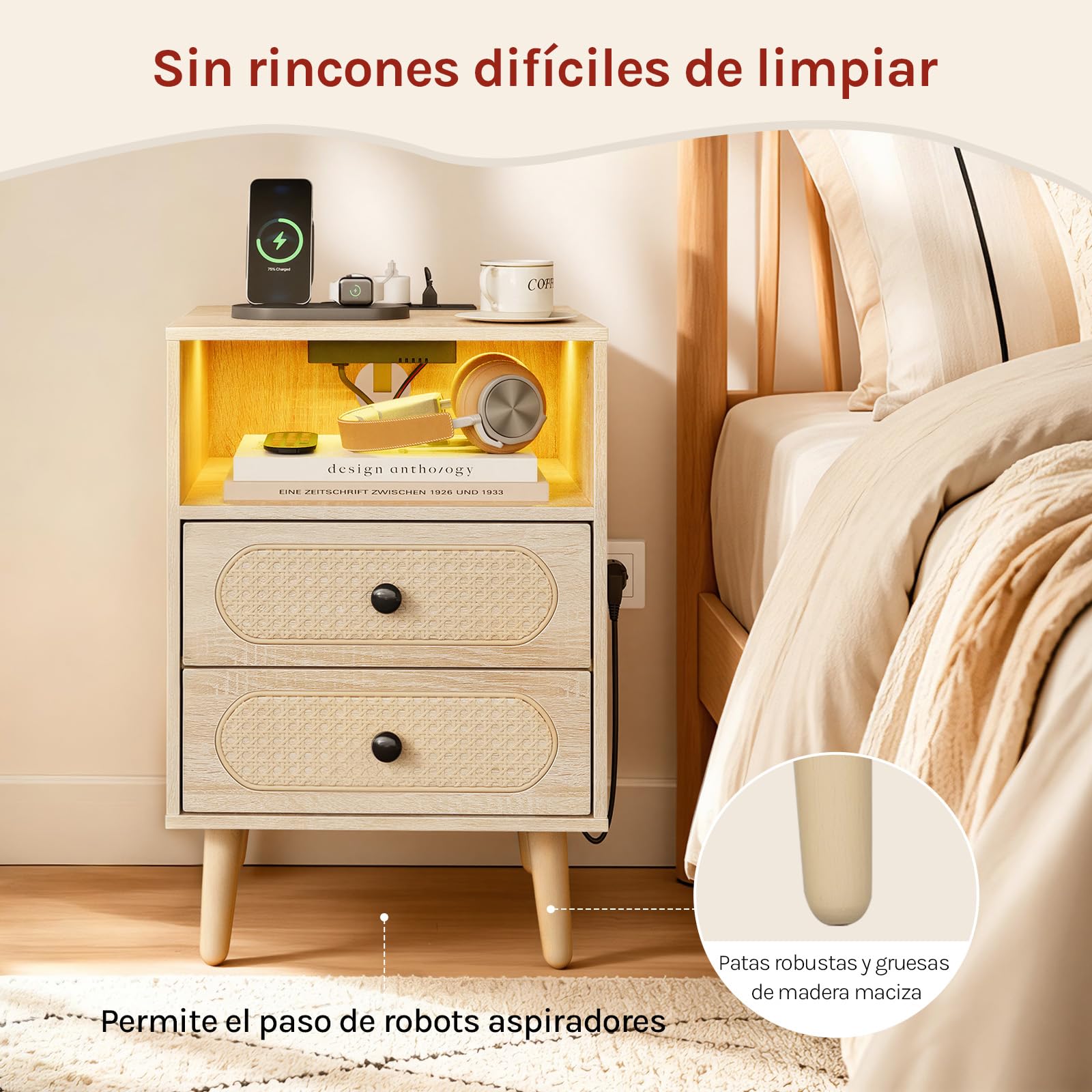 WOLTU Mesita de Noche con Luz LED, Mesa Auxiliar con Regleta