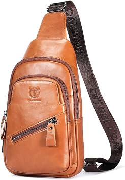 Leather Sling Bag for Men Crossbody Backpack with USB Charging Port Casual Daypack for Hiking Shoulder & Chest Bag Purse Brown