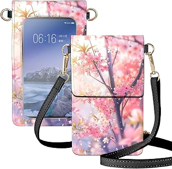 Crossbody Phone Case, Pink Cherry Blossoms RFID Blocking Crossbody Bag with Card Slots & Phone Holder, Waterproof Anti-Theft Touch Screen Phone Purse for Women