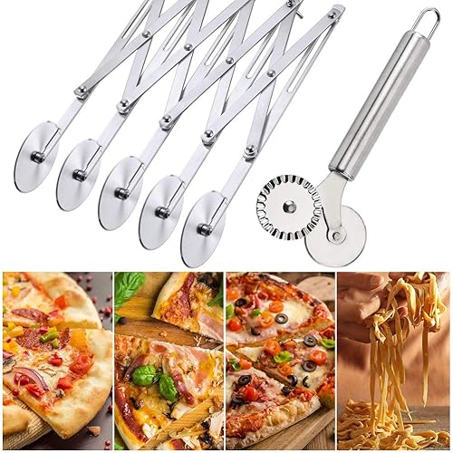 Miniatura 4 de Cortador de pastelería de 5 ruedas con doble cortador de acero inoxidable, juego de 2 rebanadores de pizza, cuchillo de pastelería multiredondo para