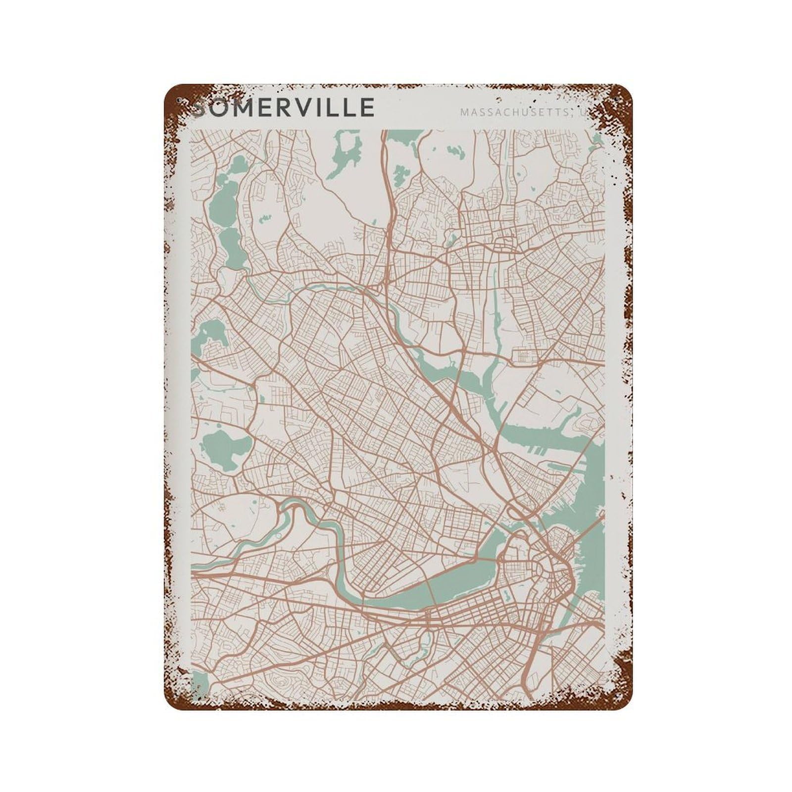 xiaoxiaoshen Somerville Map Massachusetts Travel Gift Minimalist Wall Decor Art Metal Tin Poster Modern Home Decor Art Home Bar Shop Decorations Vintage Sign 40x30cm