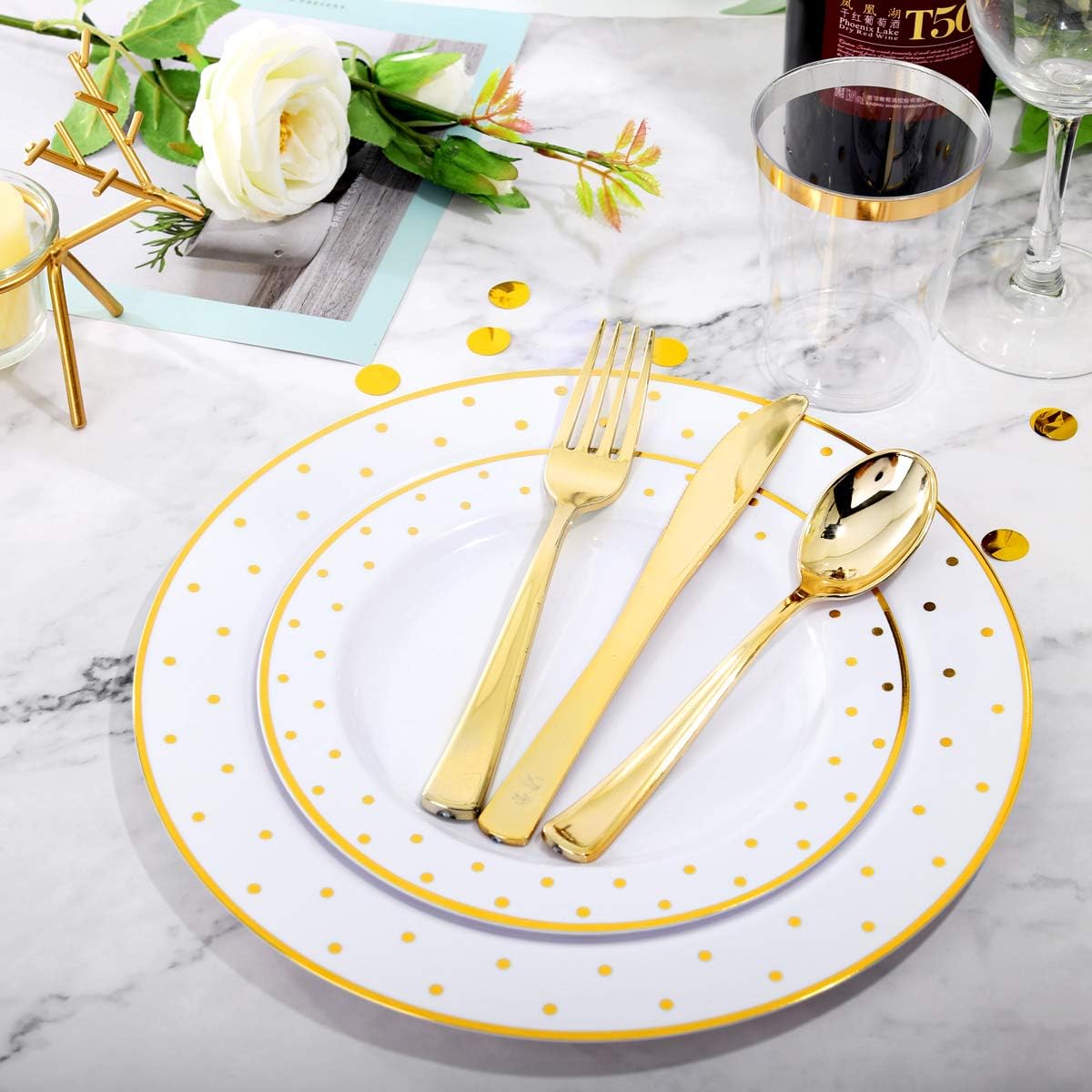 Get Special Price WELLIFE 350 Pcs Gold Dot Plastic Dinnerware, Disposable White Plates with Gold Dot Include: 50 Dinner Plates, 50 Dessert Plates, 50 Knives, 50 Forks, 50 Spoons, 50 Cups, 50 Napkins Free Shipping Over $50 WELLIFE 350 Pcs Gold Dot Plastic Dinnerware, Disposable White Plates with Gold Dot Include: 50 Dinner Plates, 50 Dessert Plates, 50 Knives, 50 Forks, 50 Spoons, 50 Cups, 50 Napkins