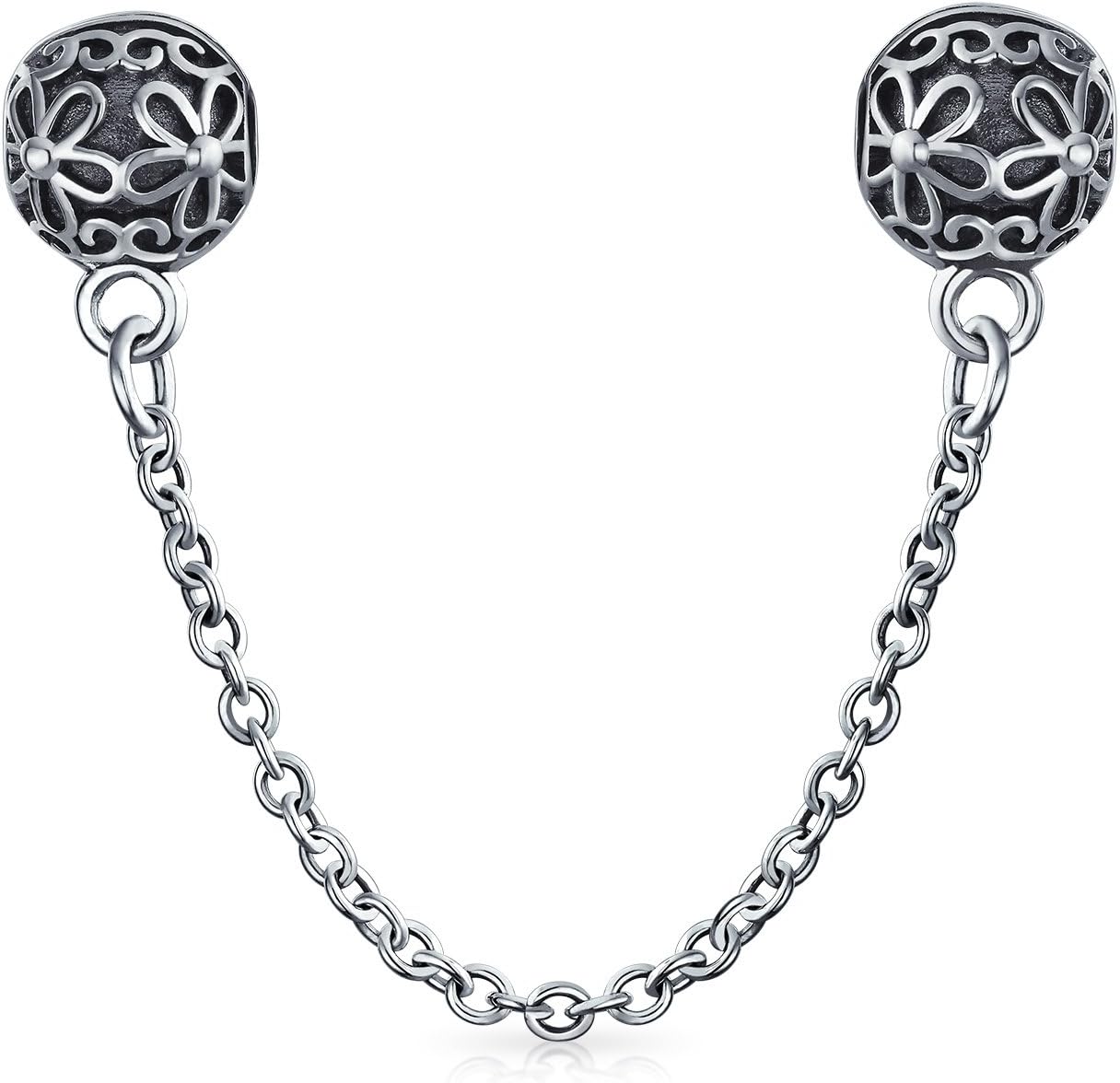 Bling Jewelry Double Daisy Safety Chain Floral Bouquet Clasp Stopper Bead Charm For Women .925 Sterling Silver Fits European Bracelet
