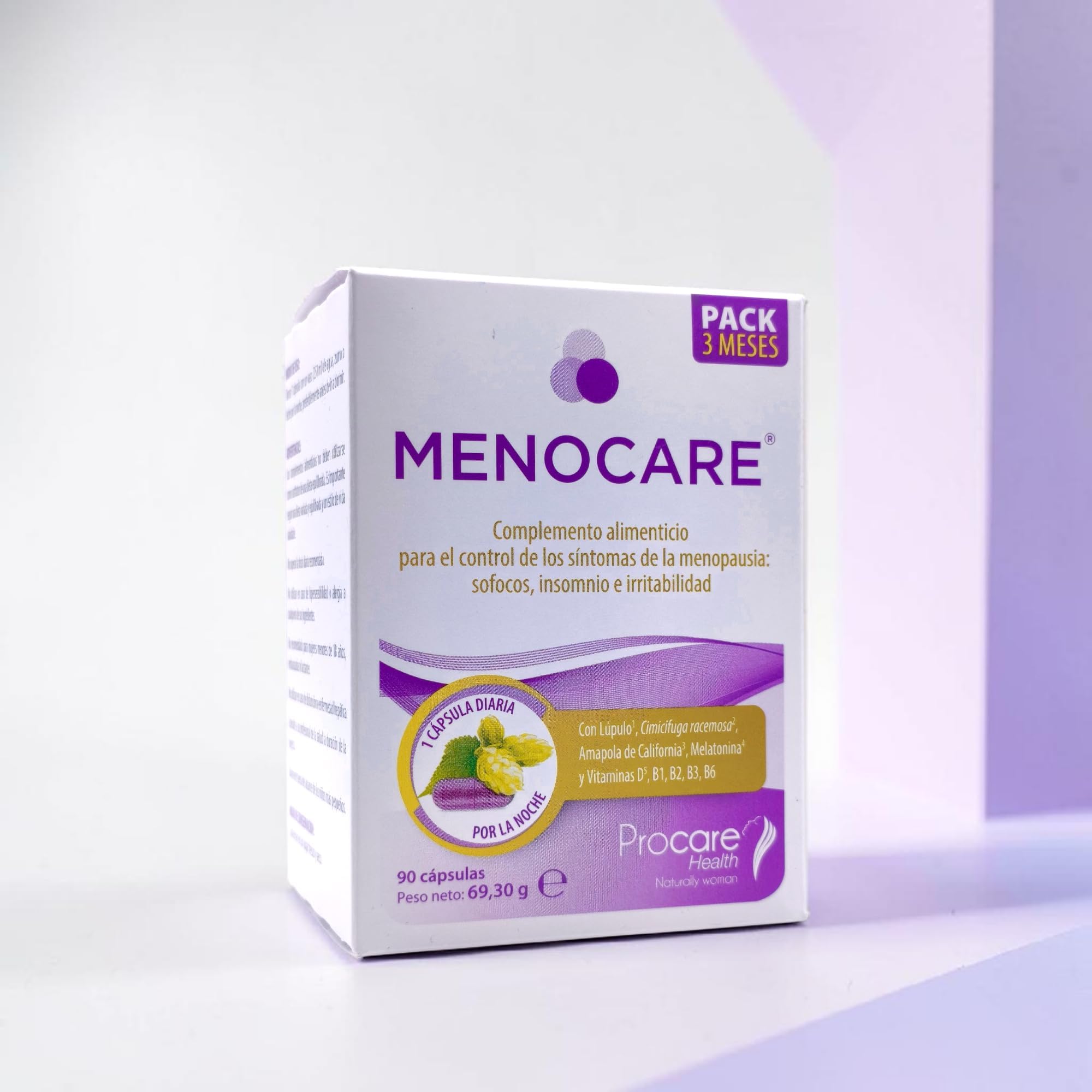 ProCare Health Menocare 90 Cápsulas - Suplemento Menopausia 3 Meses - Isoflavonas de Soja, Salvia y Cimicifuga - Alivio de Sofocos, Sudoración y Equilibrio Hormonal Femenino - Vitaminas B6, D3 y K2