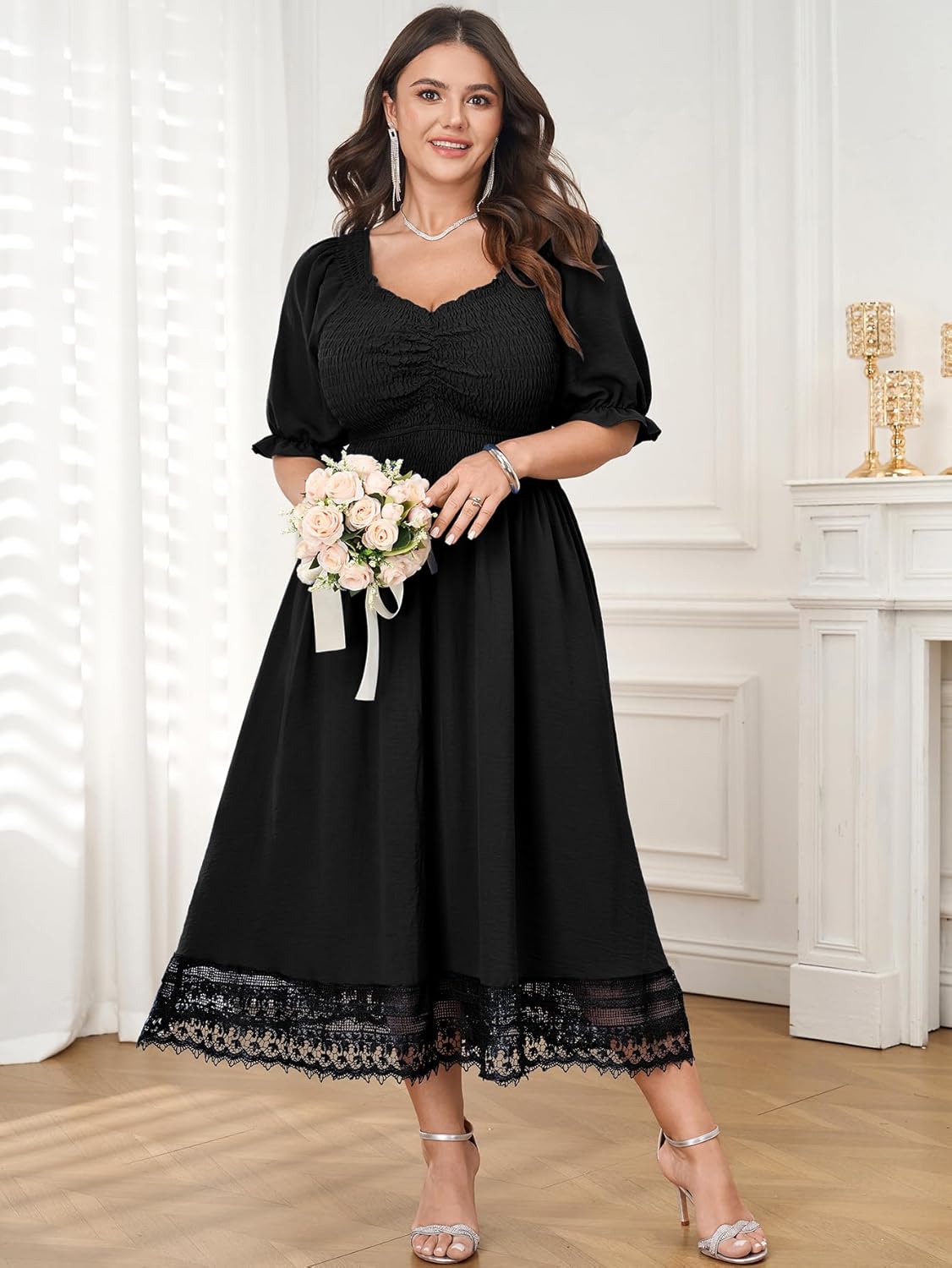 Plus Size Smocked Milkmaid Maxi Dress for Curvy Women Puff Sleeve Wedding Guest Summer Dresses Lace Trim - Image 3