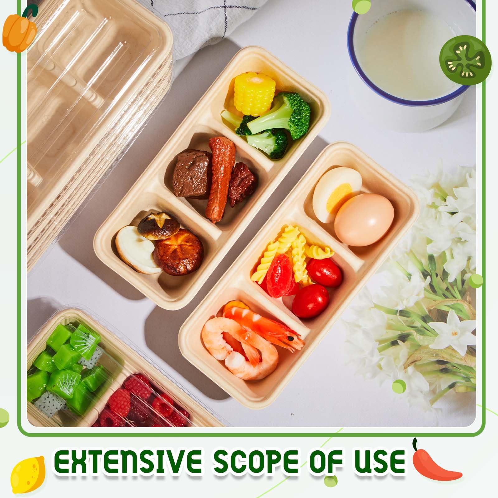 Hushee Paquete de 100 recipientes pequeños de 17 onzas para preparación de comidas, 3 compartimentos con tapas, cajas bento de plástico desechables, reutilizables, apilables, para viajes, para oficina