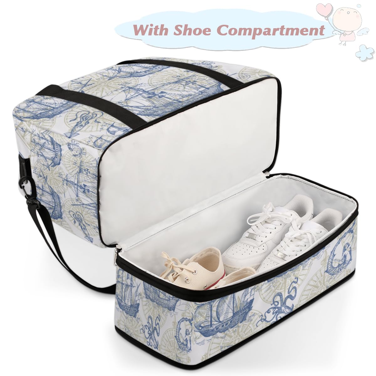 Old Sailboat Monster Maps - Bolsa de viaje plegable de 47 L, bolsa de fin de semana con funda de carrito para hombro, bolsa de hombro separada para deportes, gimnasio, viajes, multicolor, 47L, Bolsa
