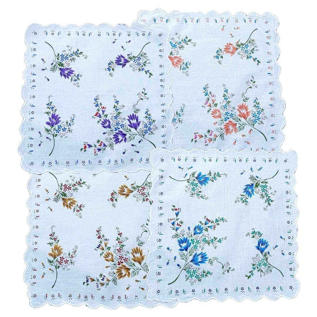 Women's 100% Cotton Floral Handkerchief with Embroidered Scallop Cutwork Border | Soft Absorbent Ladies Hanky | White Multicolor Flower Print | 30 x 30 cm | D6-6-image-33